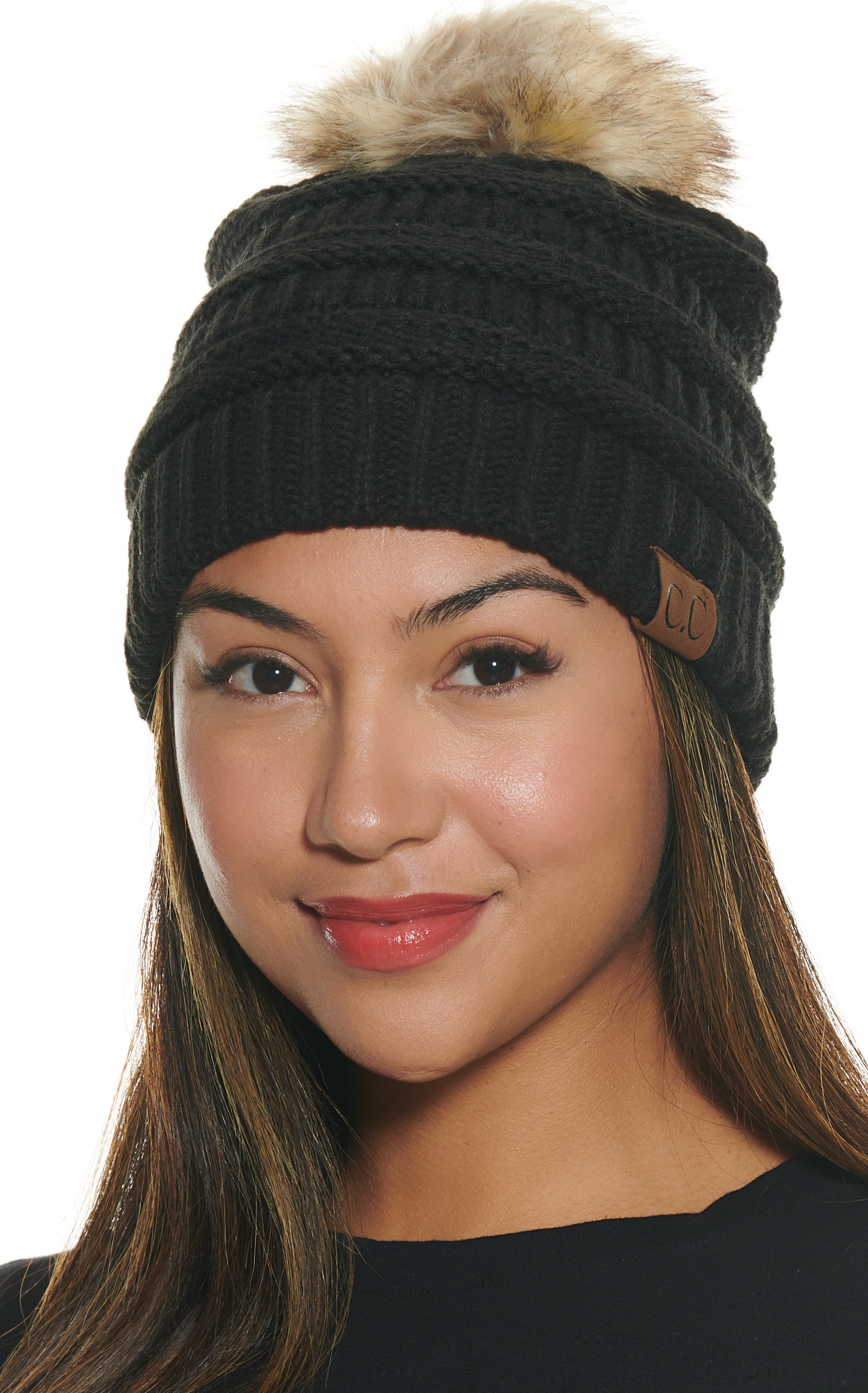 C.C. Brands Women's Solid Black with Pom Pom Knit Beanie - Image 1