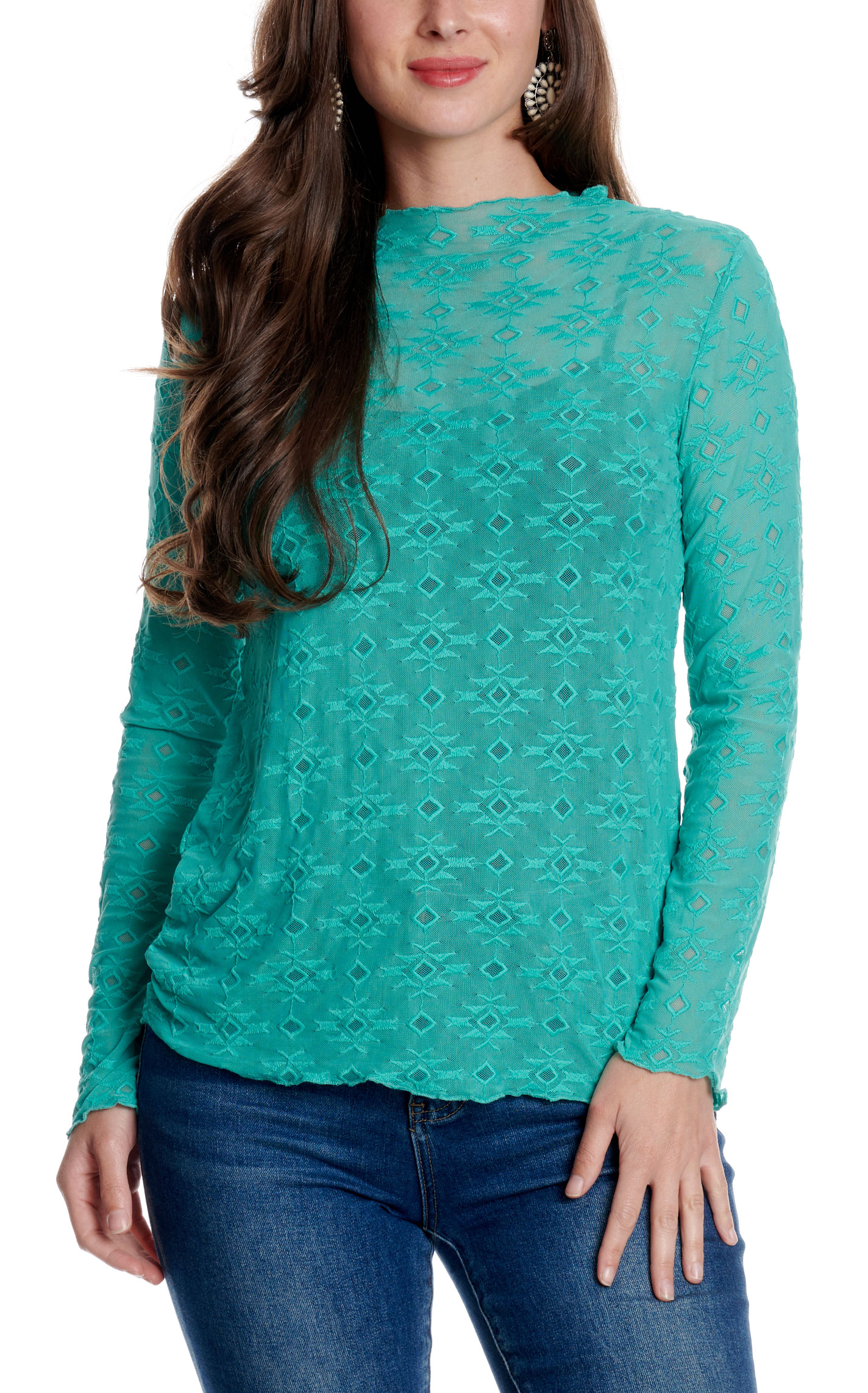 Rockin' C Women's Turquoise Aztec Mesh Top - Image 1