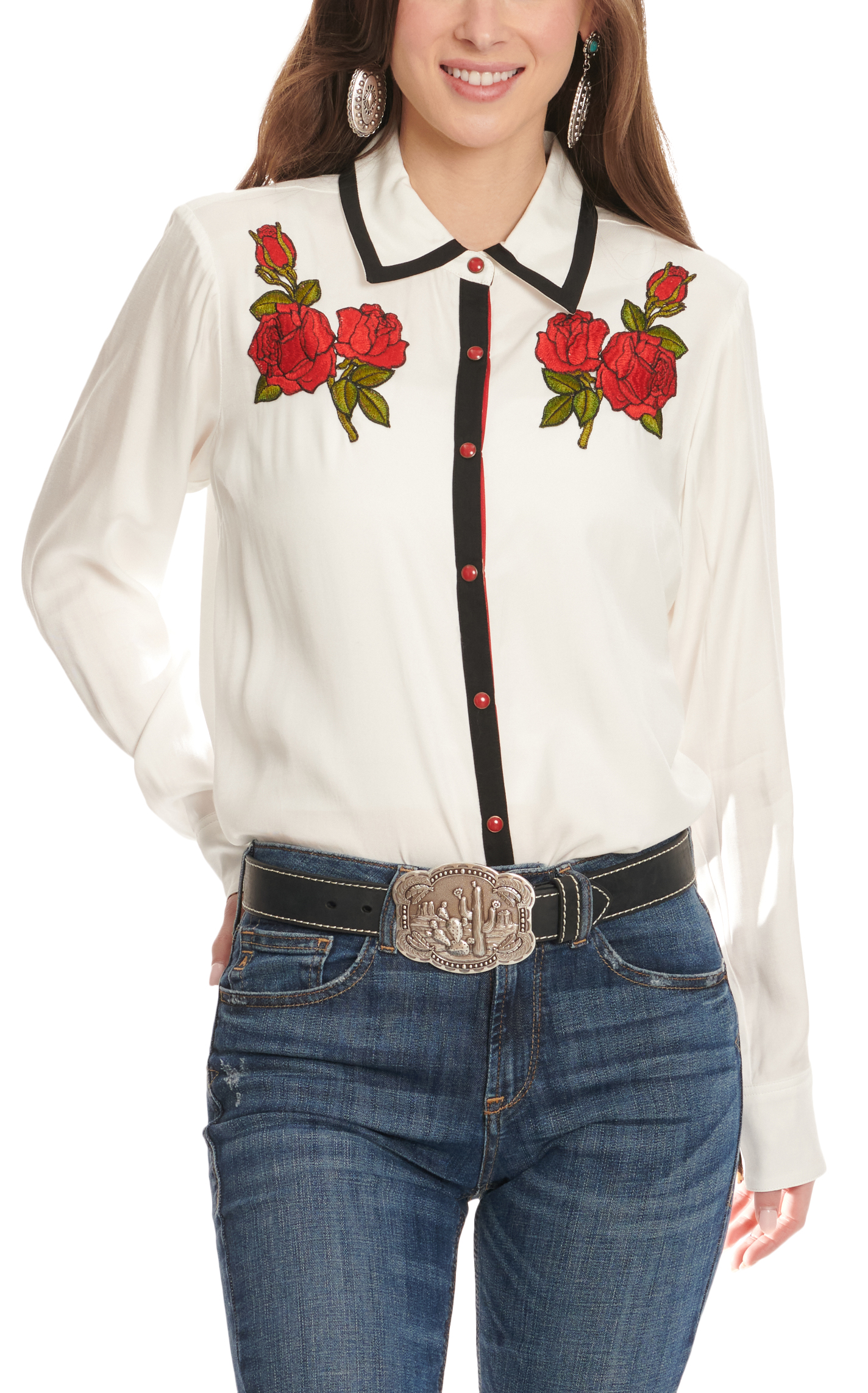 Ariat x Rodeo Quincy Women's White & Red Rose Embroidery Rodeo Long Sleeve Retro Shirt - Image 1
