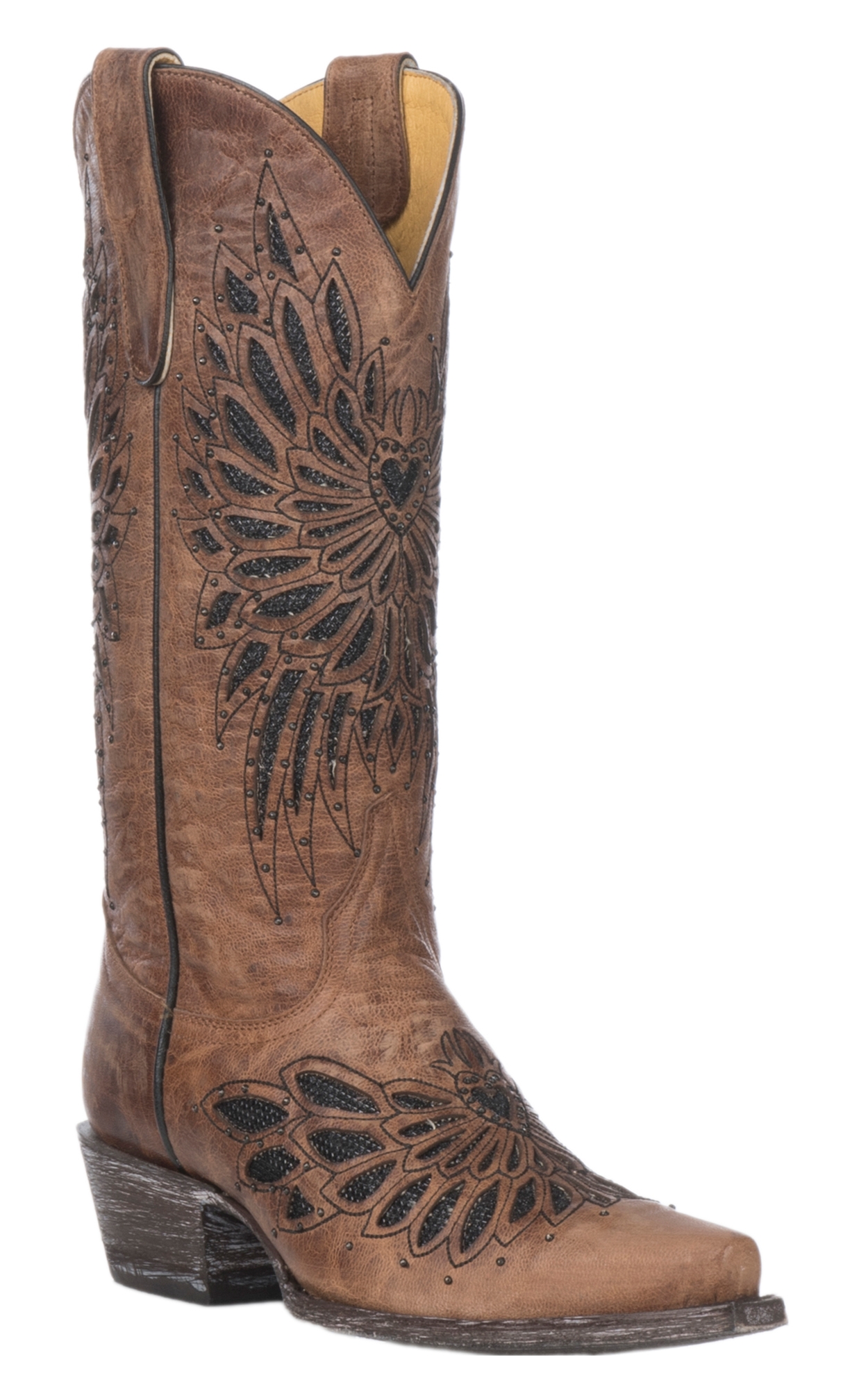 Cavender’s Women’s Brass Leather with Black Crystal Inlay Snip Toe Cowboy Boots - Image 1