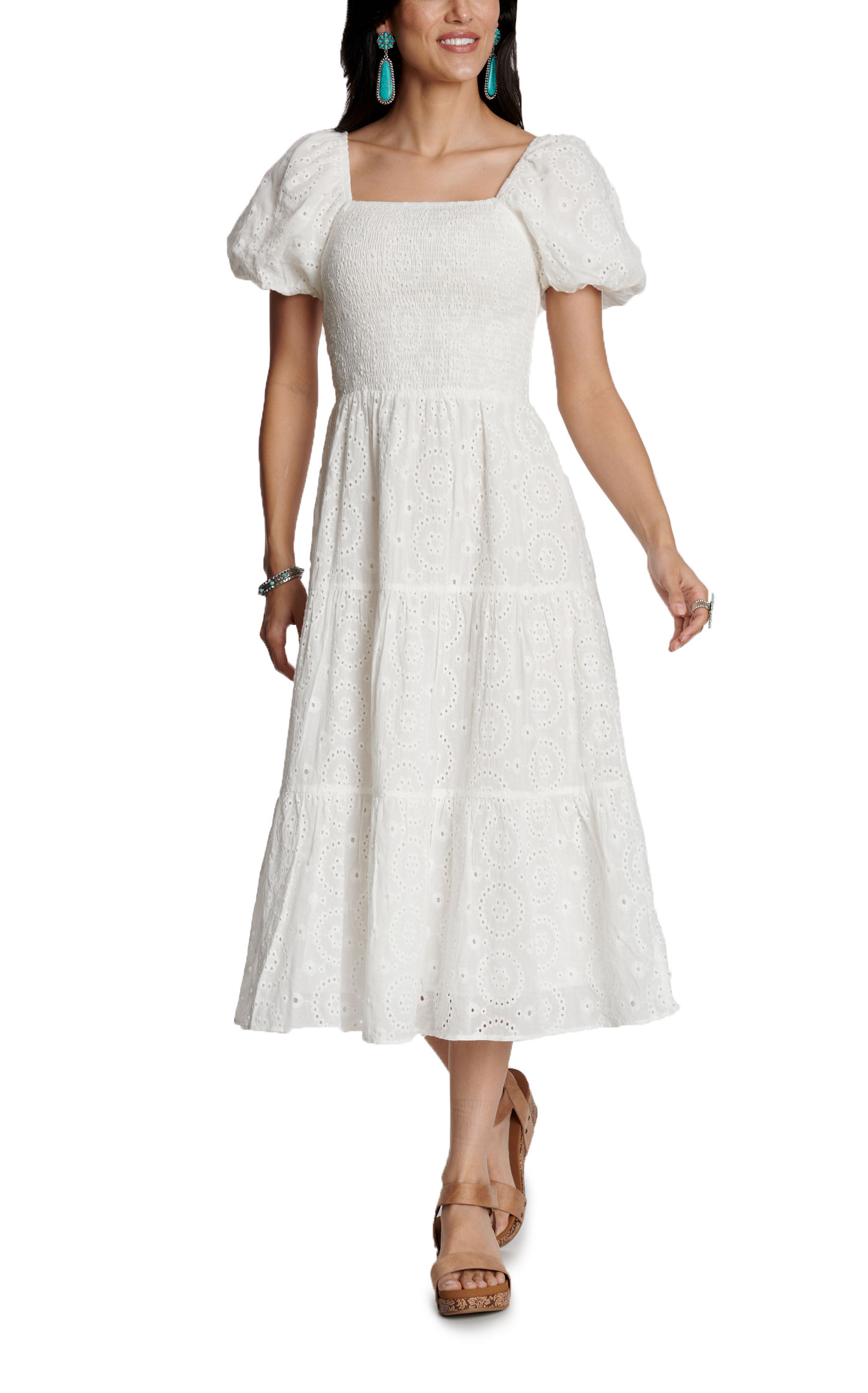 Rockin C Women's White Eyelet Puff Sleeve Smocked Midi Dress - Image 1