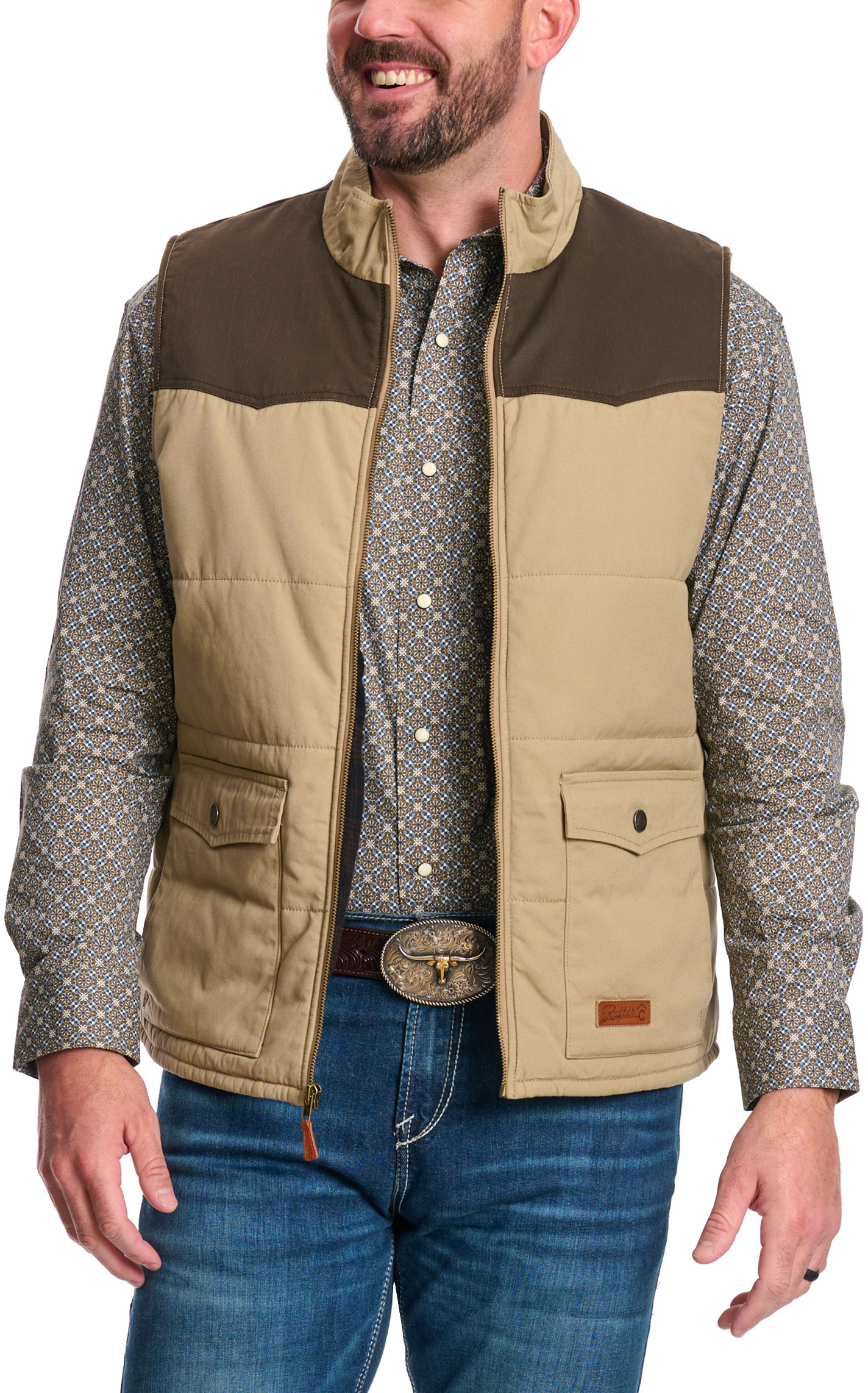 Rafter C Men's Sand & Brown Insulated Canvas Western Vest - Image 1