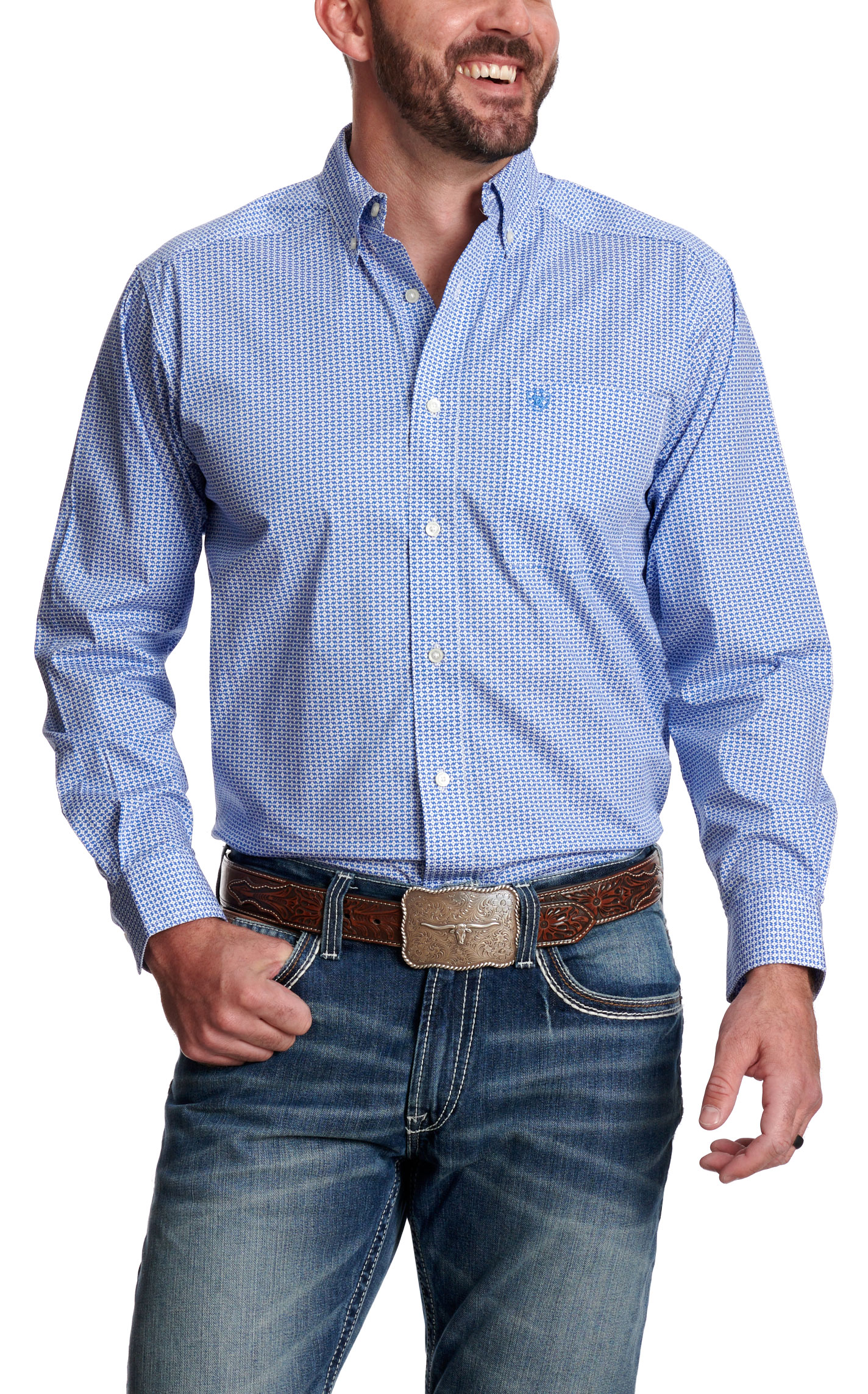 Ariat Men's Nory White & Blue Geo Print Western Shirt - Image 1