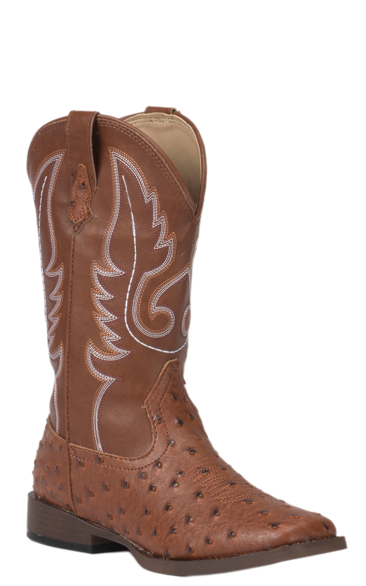 Roper Youth Brown Ostrich Print Square Toe Cowboy Boots - Image 1