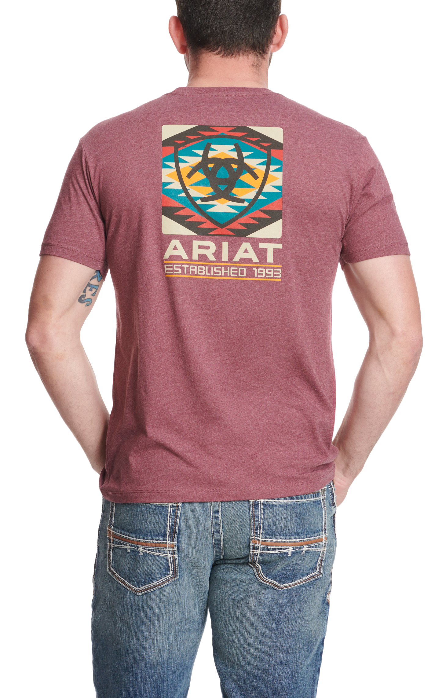 Ariat Men's Burgundy & Colorful Aztec Logo Graphic Short Sleeve T-Shirt - Image 1