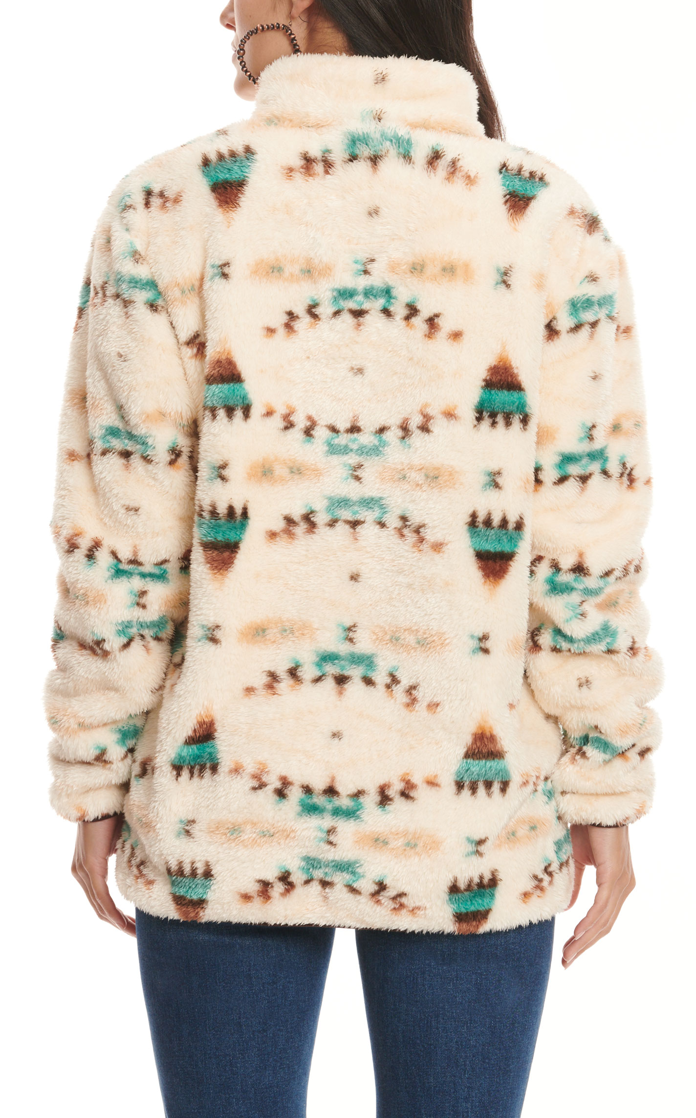 Rockin C Women's Cream Chocolate & Teal Aztec Print 1/4 Zip Fuzzy Pile Fleece Long Sleeve Pullover - Image 1