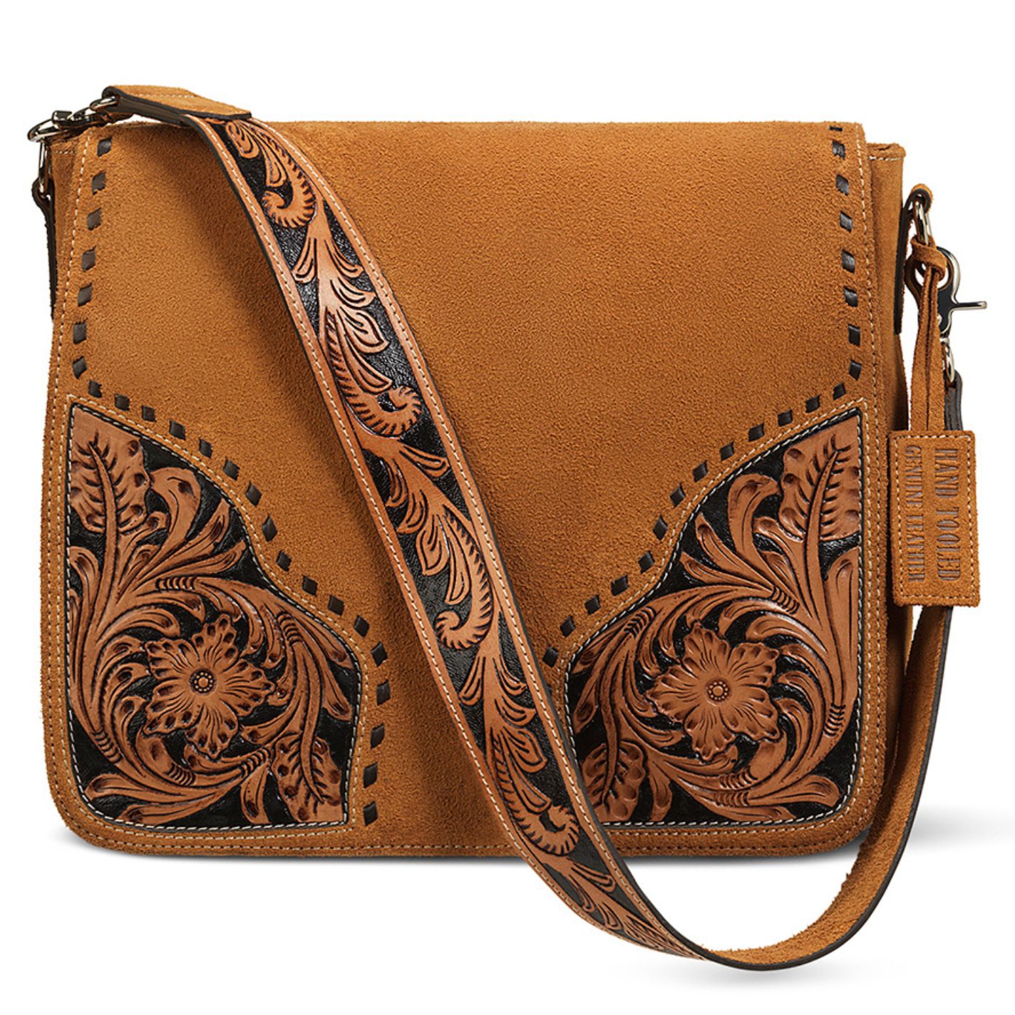 Ariat Sierra Caramel Suede Tooled Floral Shoulder Bag - Image 1