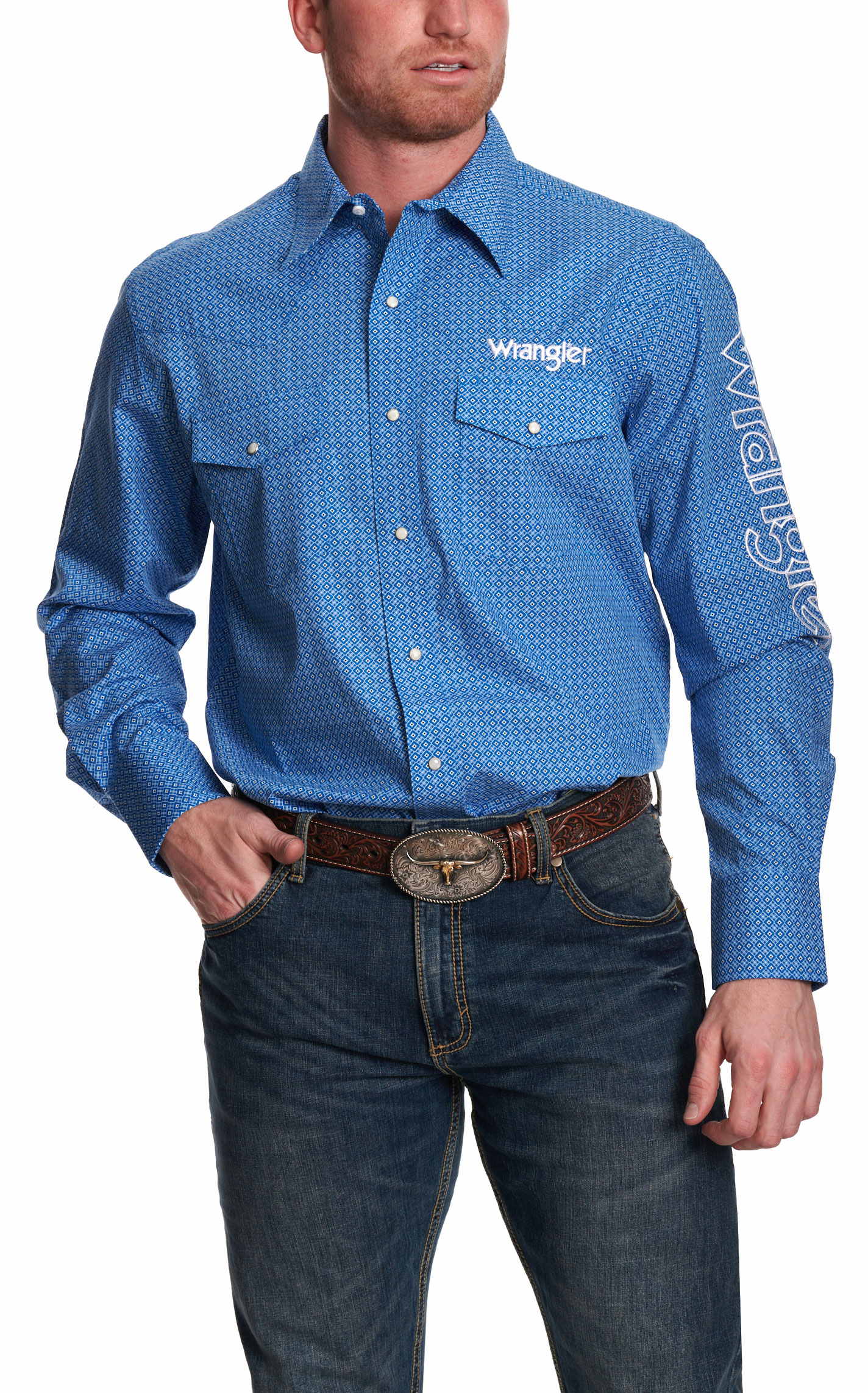 Wrangler Men's Blue Geo Print Long Sleeve Logo Western Shirt - Image 1