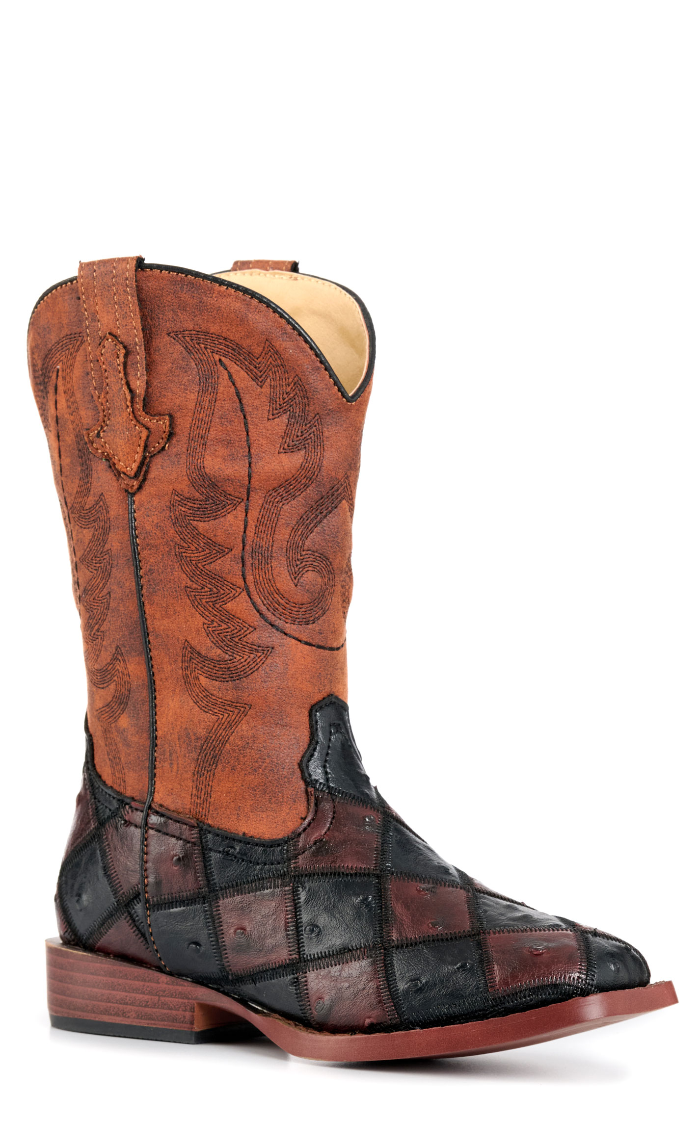 Roper Bird Blocks Kid's Burgundy & Black Faux Ostrich Cowboy Boots - Image 1