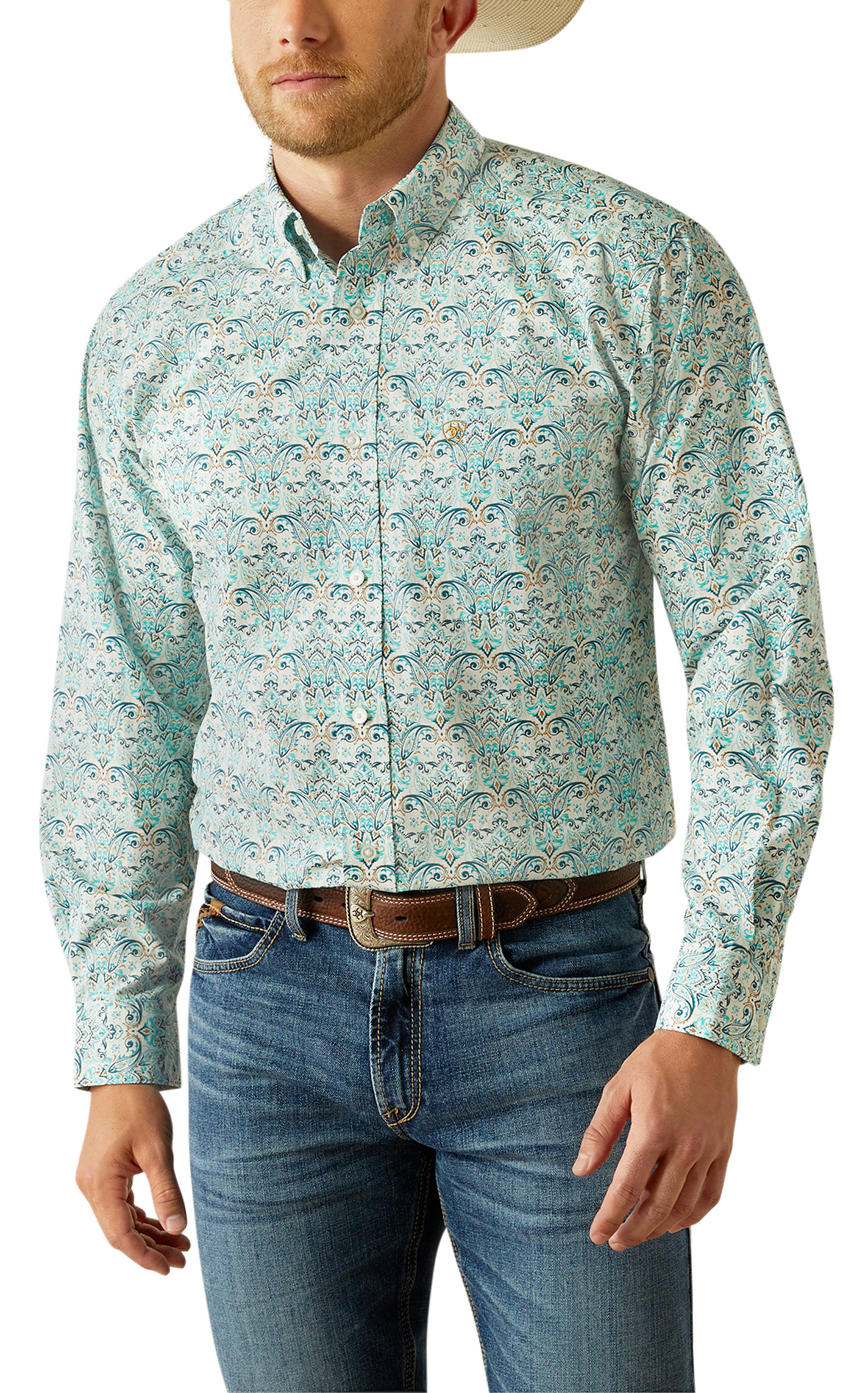 Ariat Men's Jerome Navy & Turquoise Paisley Western Shirt - Image 1