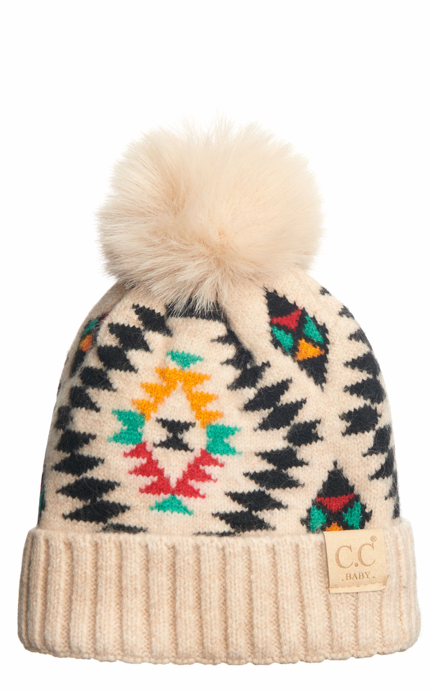 C.C. Brands Baby Creamy Latte & Aztec Print & Fluffy PomPom Super Soft Beanie - Image 1