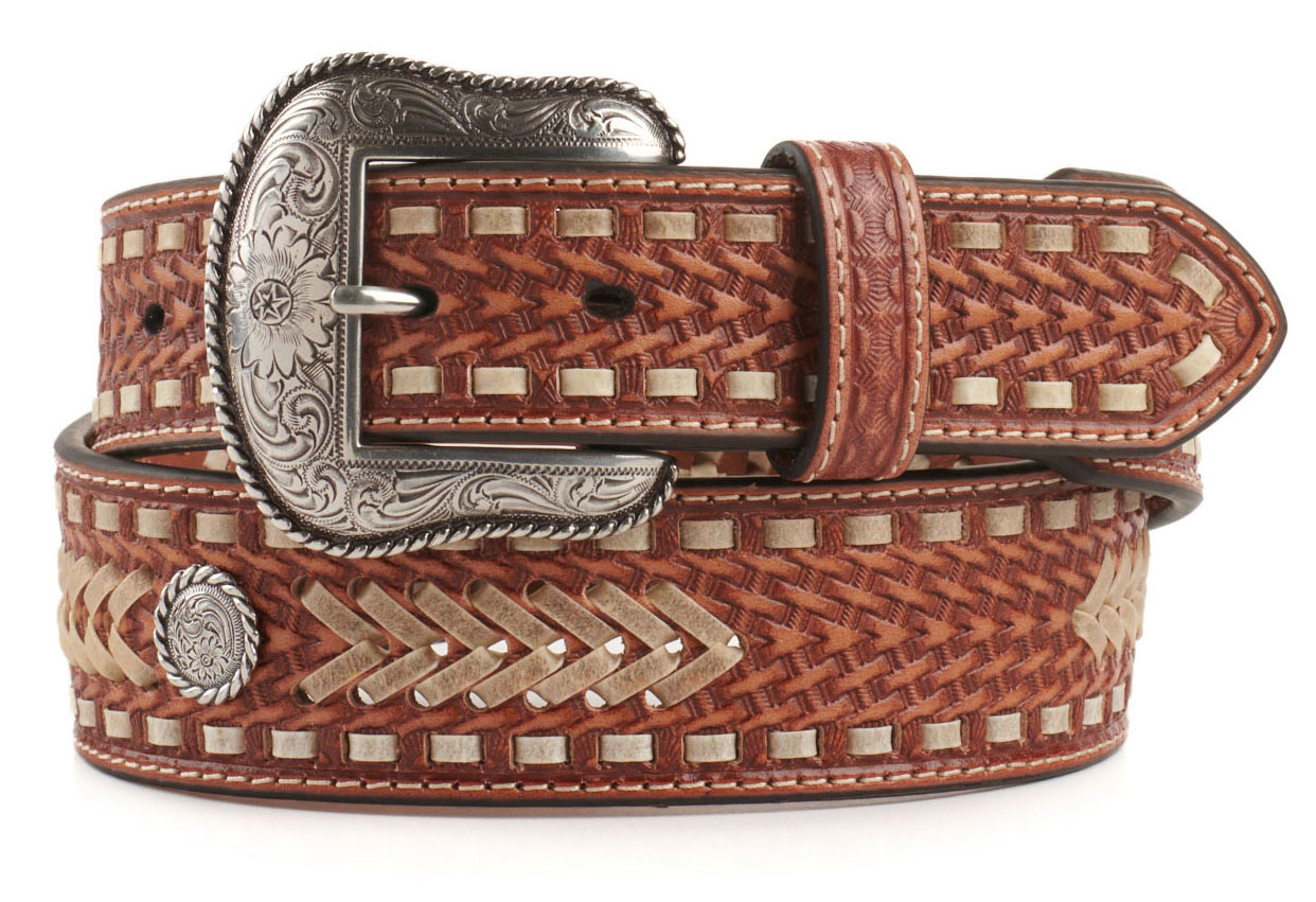 Nocona Men's Leather Basket-Weave with Cream Leather Lacing and Silver Concho Accent Western Belt - Image 1