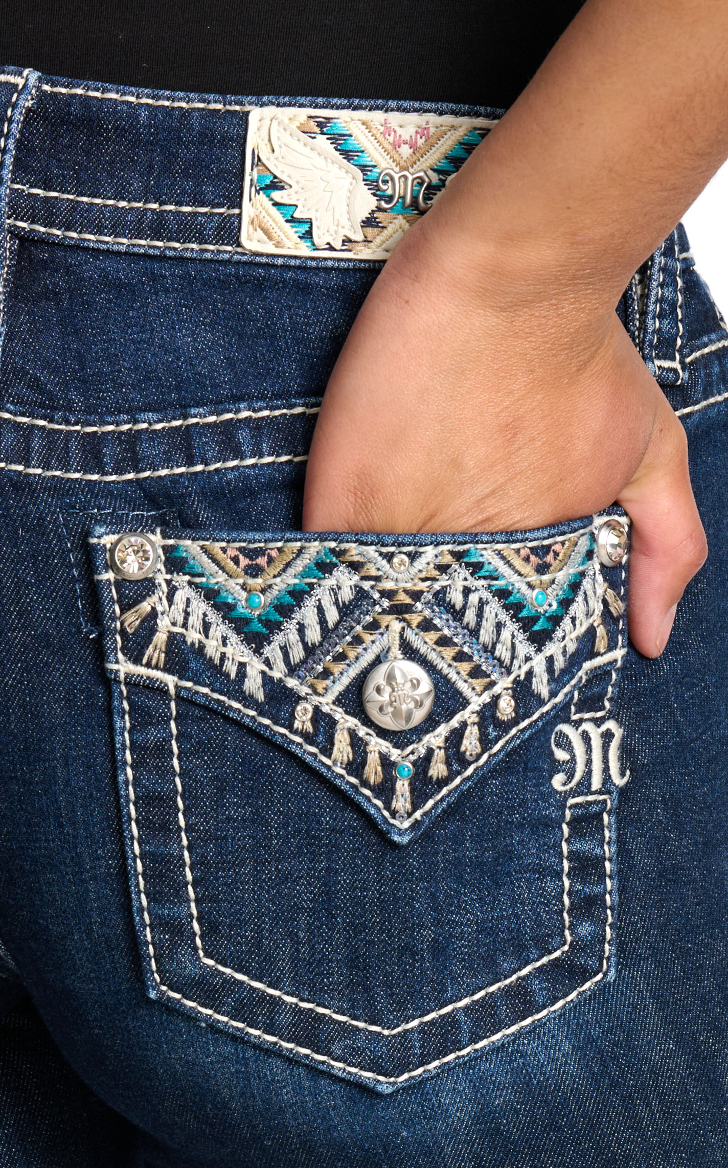 Miss Me Women's Dark Wash Aztec Embroidery Faux Flap Bootcut Jeans - 34\