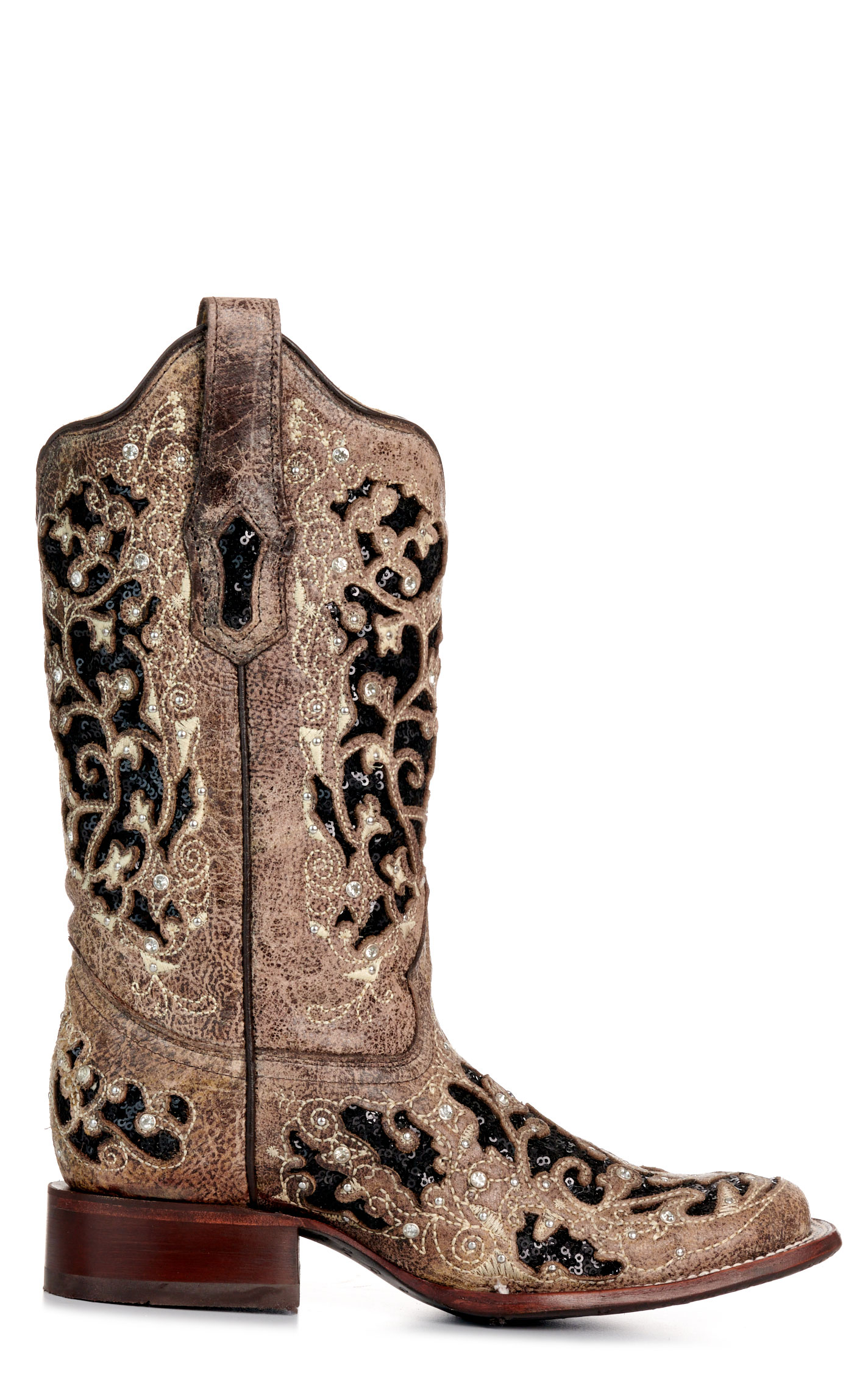 Corral Women's Brown with Black Glitter & Crystals Inlay Square Toe Cowboy Boots - Image 1