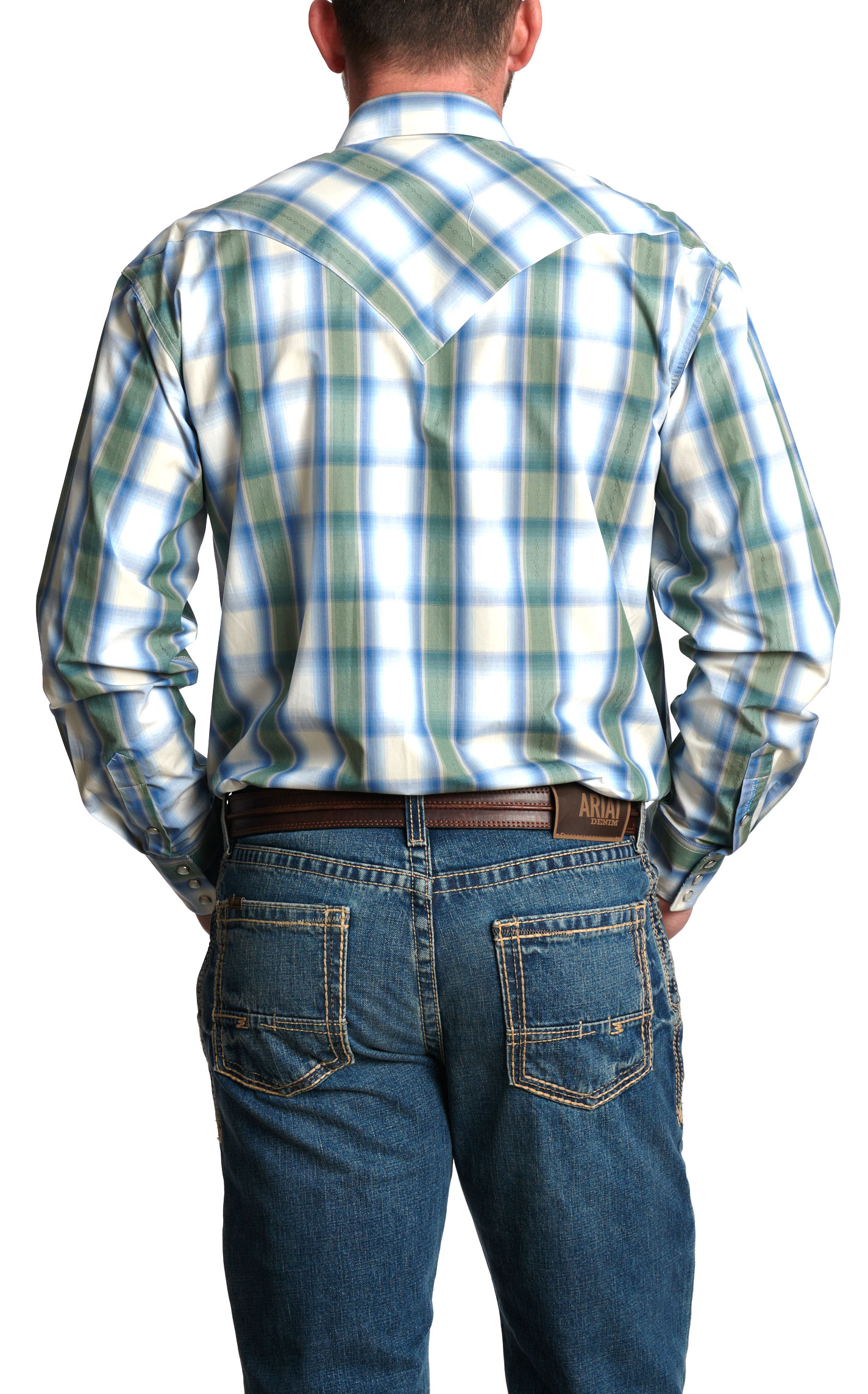 Stetson Men's Blue and Green Plaid Western Shirt - Image 1
