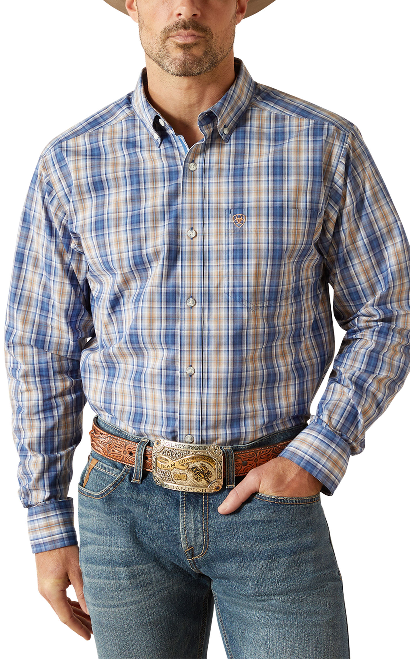 Ariat Men's Royal Blue & Gold Plaid Western Shirt - Image 1