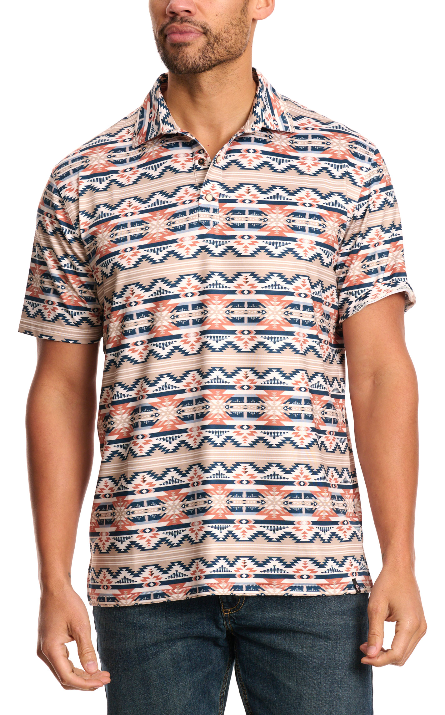 Rafter C Men's Khaki Peach Aztec Stripe Polo Shirt - Image 1