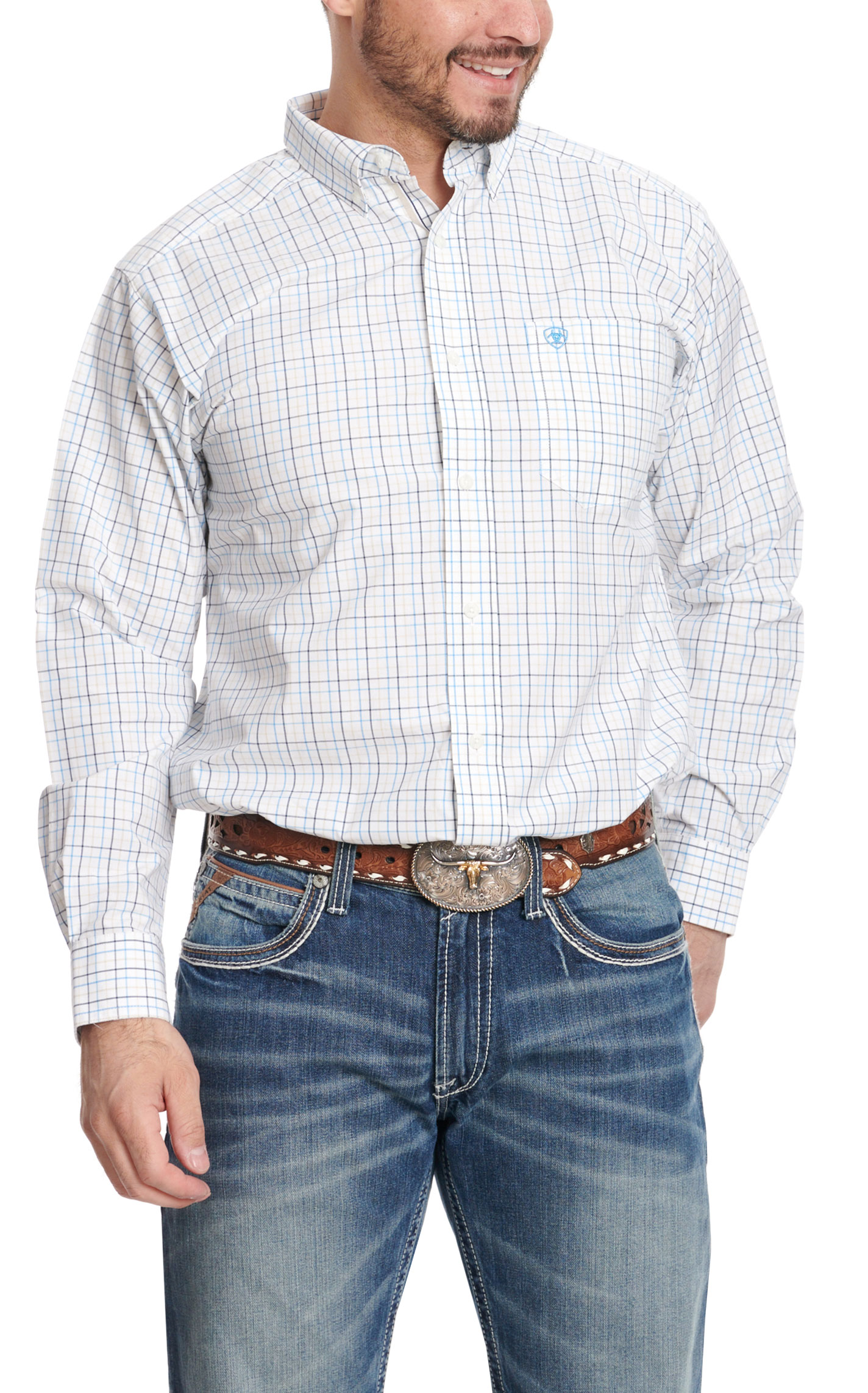 Ariat Men's Pro Series Ronnie White & Navy Plaid Western Shirt - Image 1