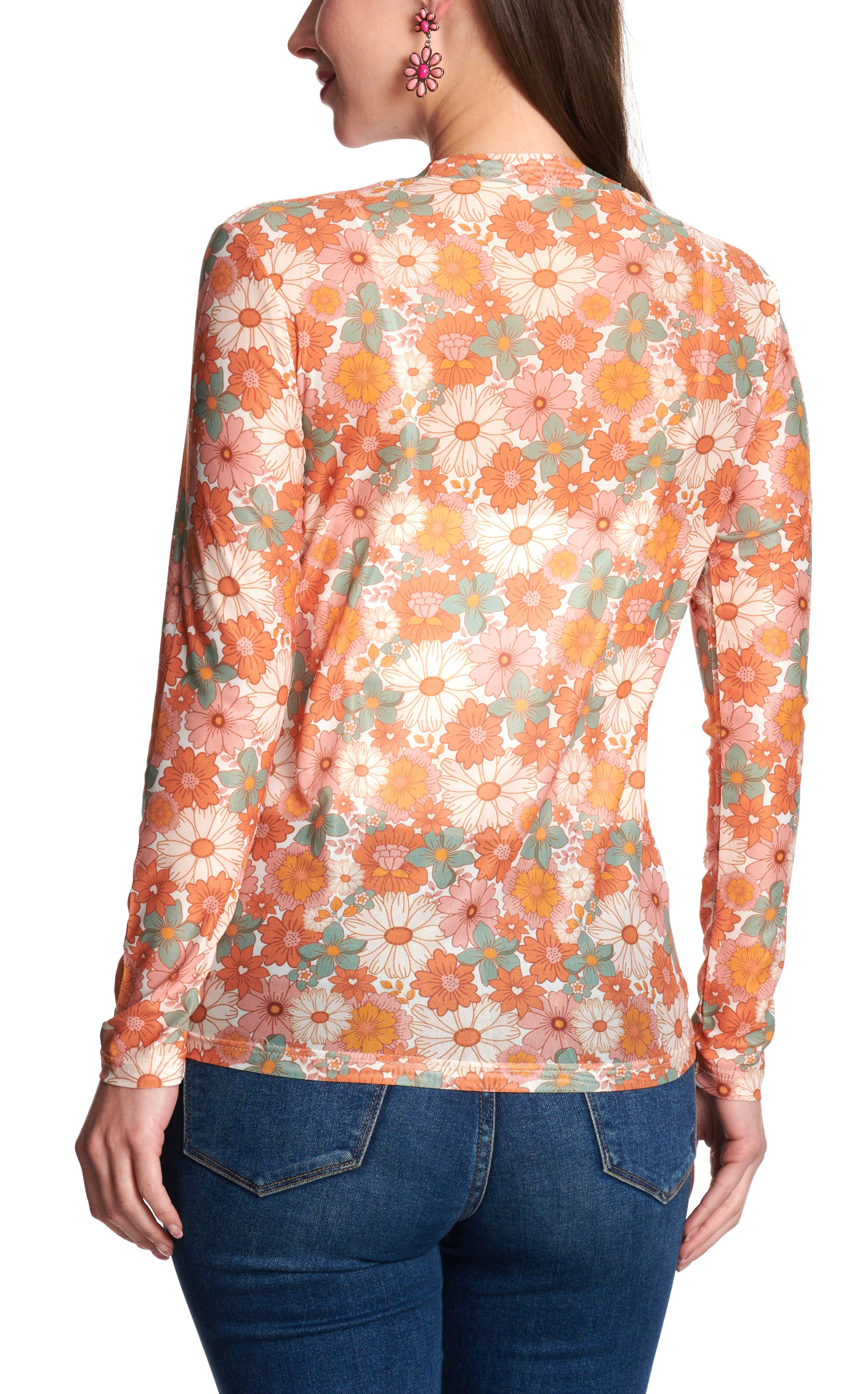 Merigold Kiss Women’s Multicolor Retro Floral Mesh Shirt - Image 1