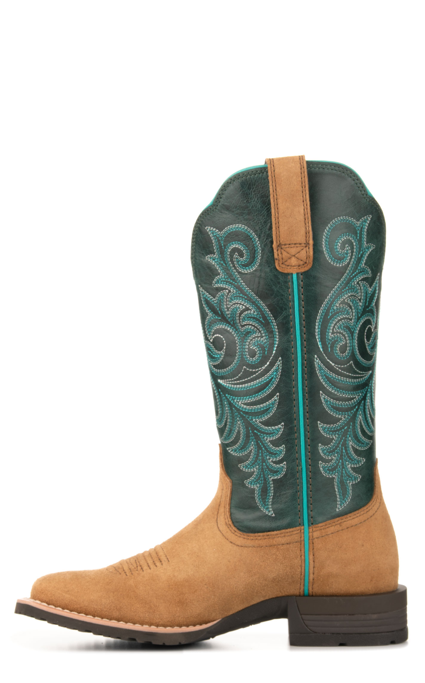 Ariat Women's Hybrid Ranch Time Acorn Tan Roughout and Teal Wide Square Toe Cowboy Boots - Image 1
