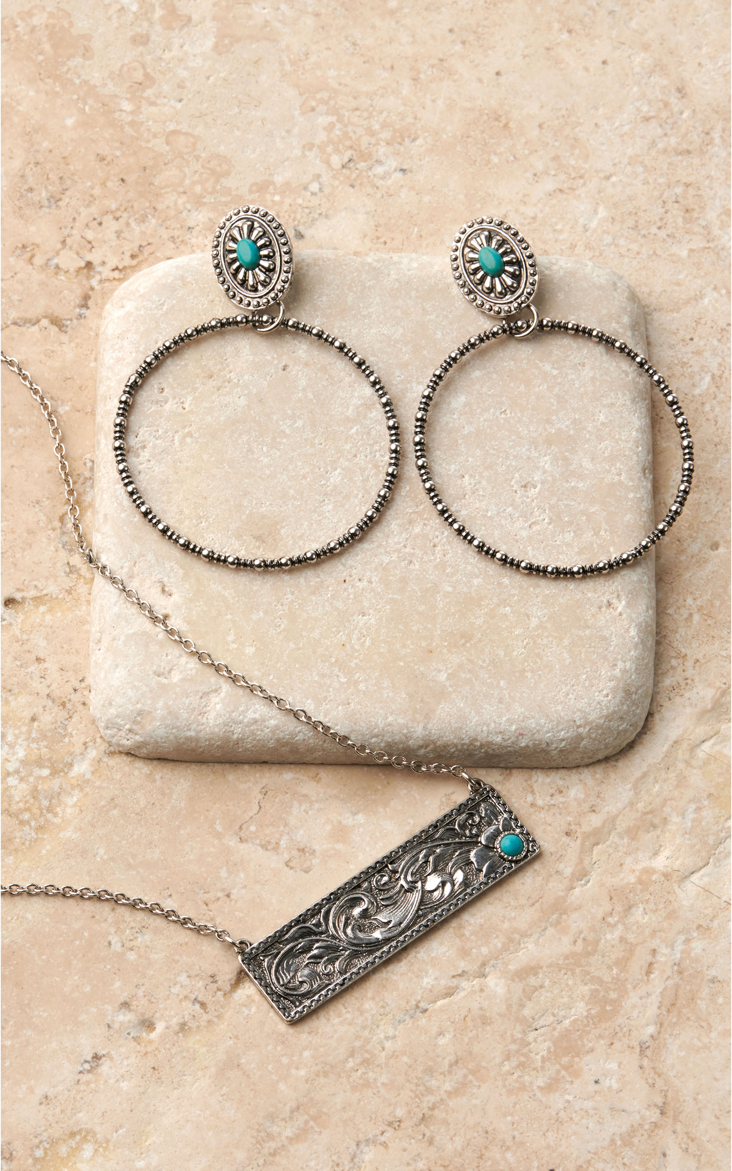 Silver Strike Silver Floral Tooled Bar with Turquoise Necklace and Earrings Jewelry Set - Image 1