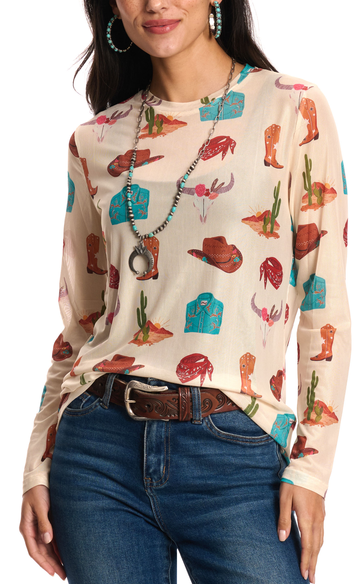 Fashion Express Women's Latte Colorful Western Mesh Top - Image 1
