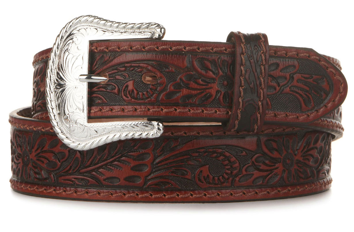 Tony Lama Men's Cognac Brown Floral Tooled Western Belt - Image 1