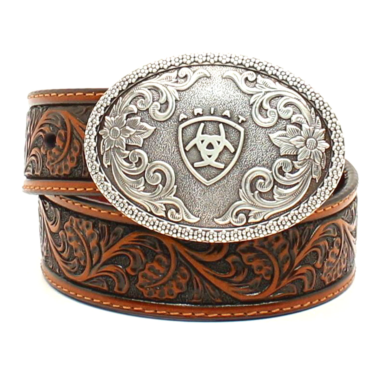 Ariat Boy's Chocolate Tooled Leather Belt with Silver Oval Buckle - Image 1