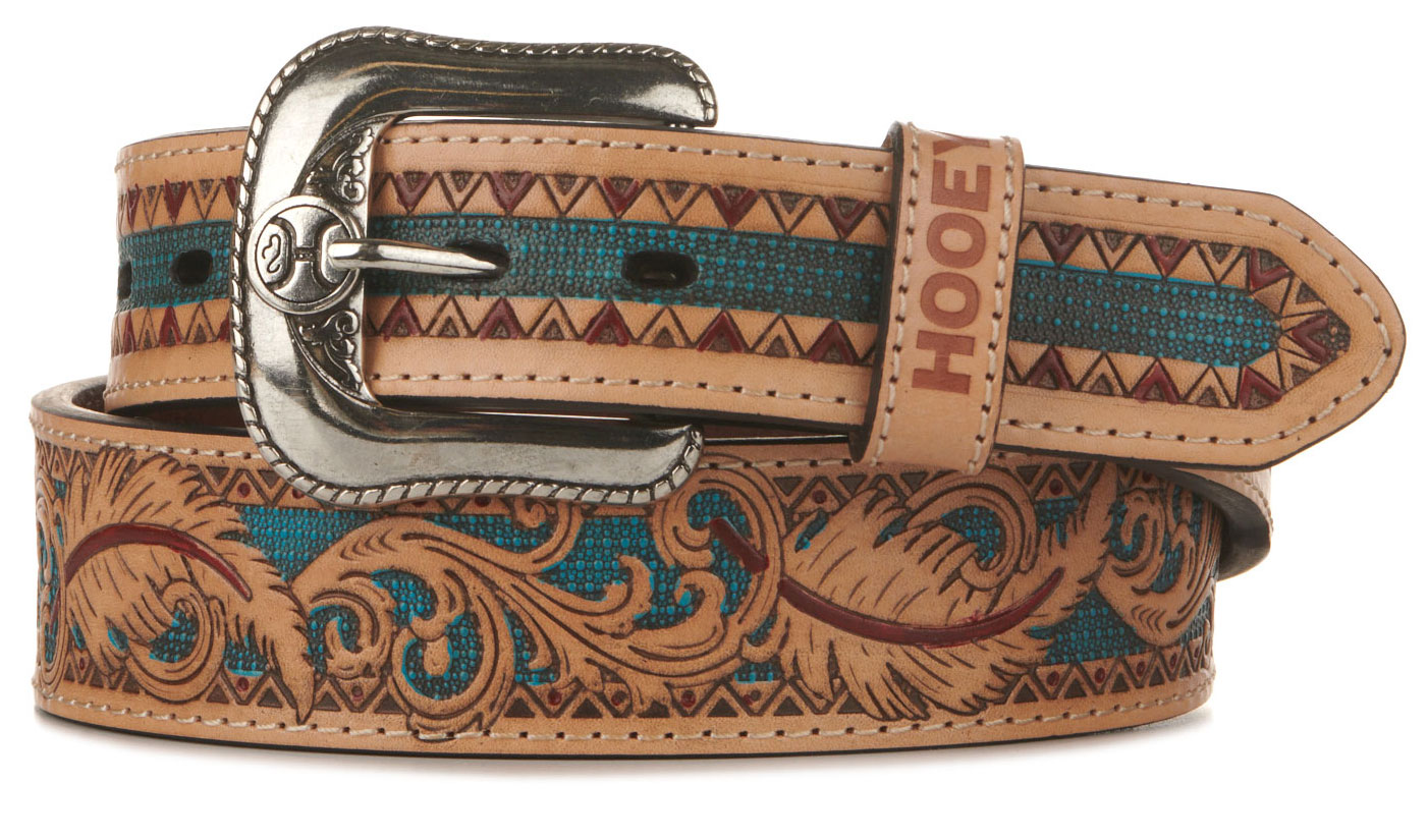 Hooey Men's Brown and Turquoise Feather Tooled Western Belt - Image 1