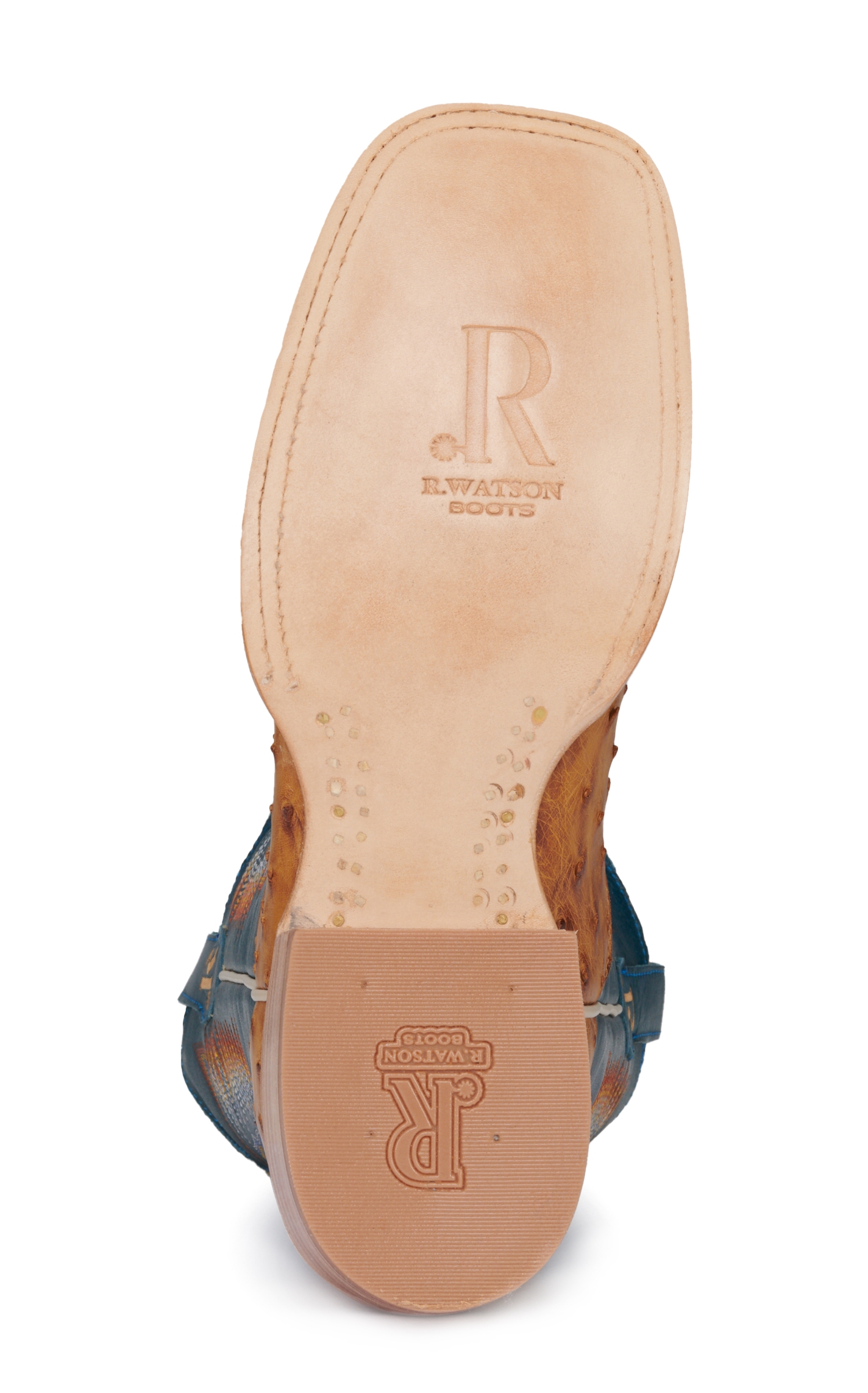 R Watson Men's Antique Saddle Full Quill Ostrich and Royal Blue Wide Square Toe Exotic Cowboy Boots - Image 1