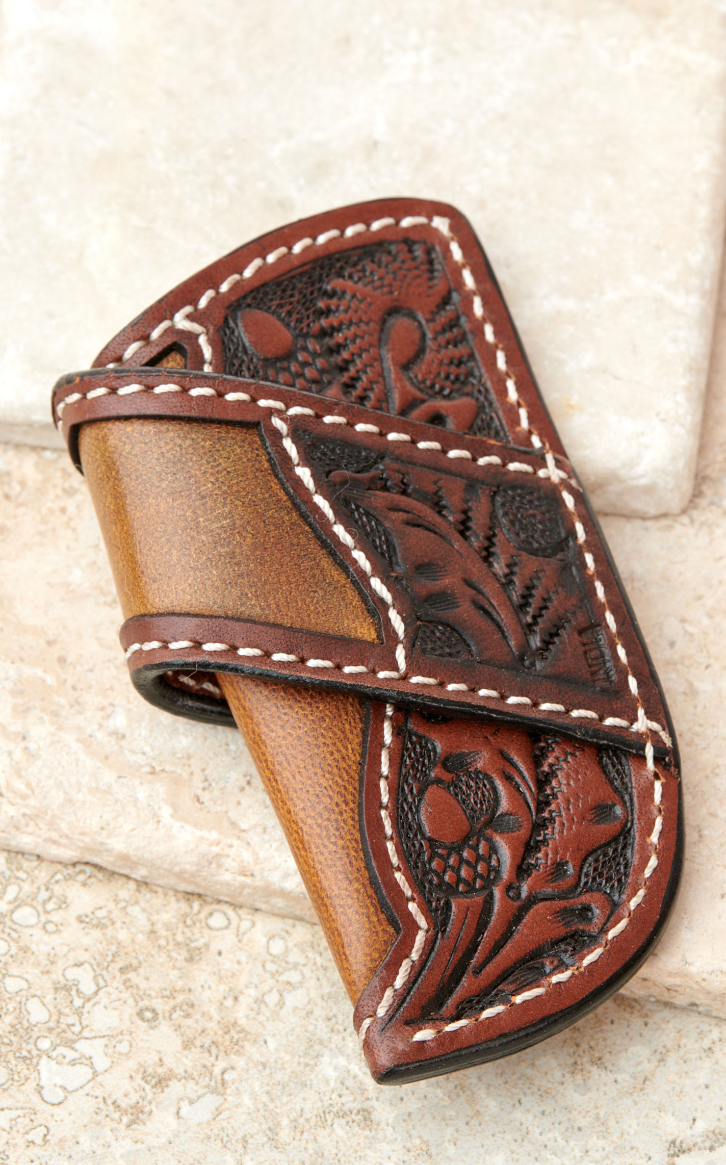 3D Belt Co Brown Floral Tooled Leather Horizontal Knife Sheath - Image 1