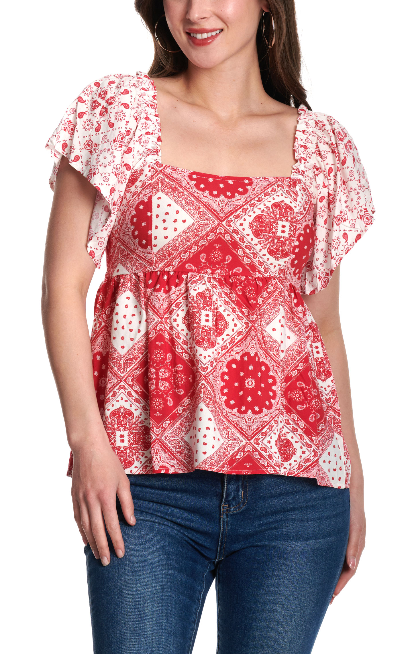 Cowgirl Hardware Women’s Red Bandana Ruffle Sleeve Top - Image 1