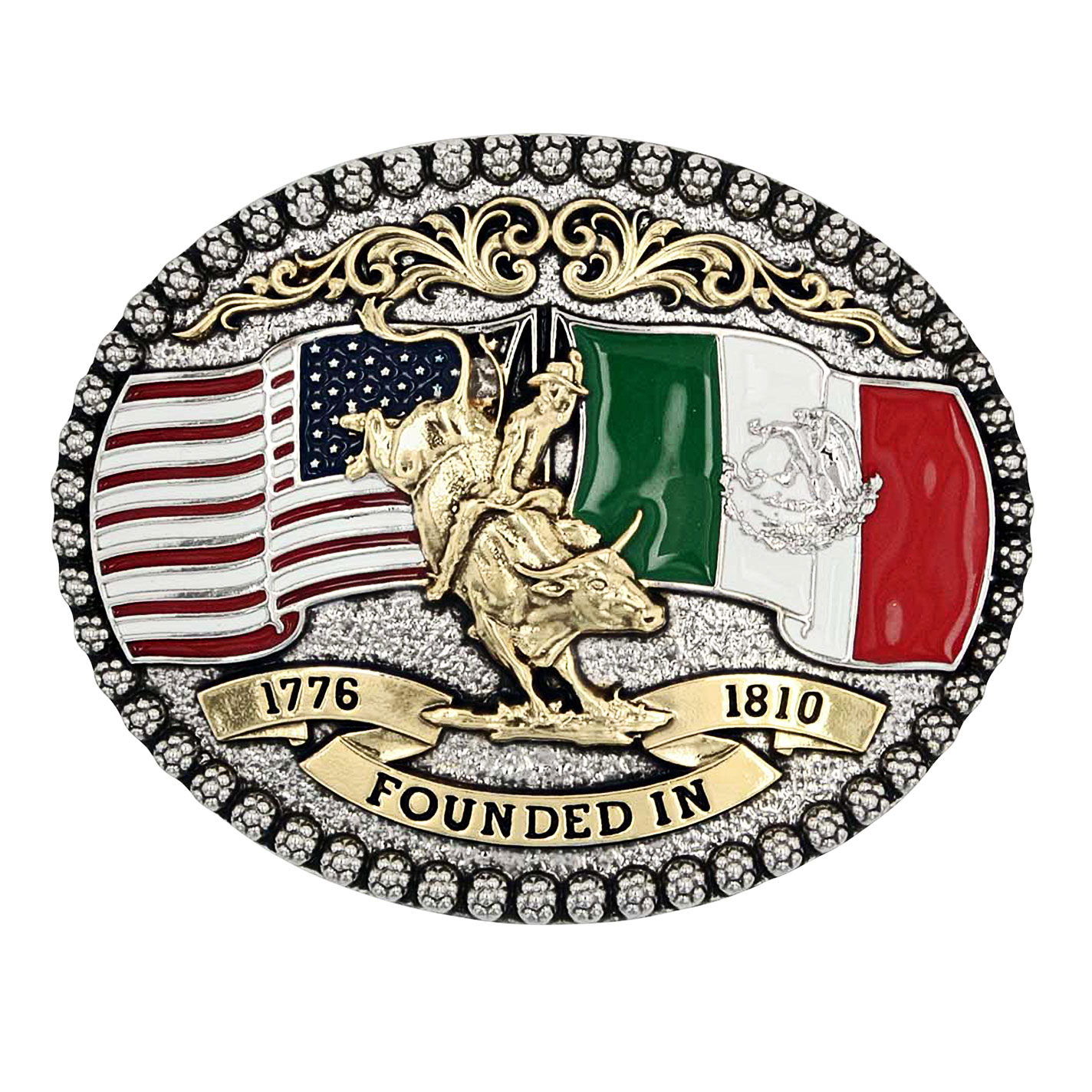 Attitude by Montana Silversmiths Silver & Gold Colorful USA & Mexico Flag Oval Belt Buckle - Image 1