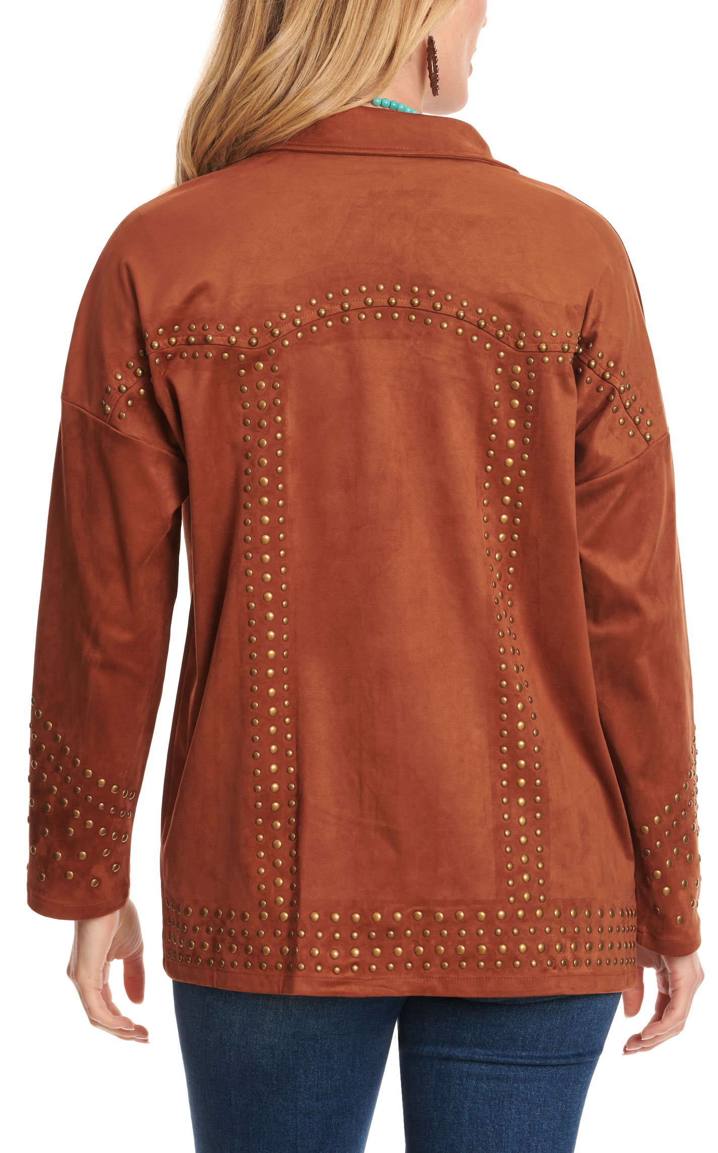 Rockin C Women's Caramel Antique Brass Studs & Buttons Faux Suede Jacket - Image 1