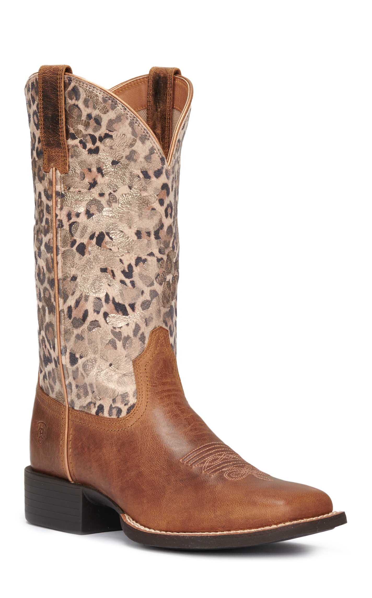 Ariat Women's Round Up Pearl Brown and Metallic Leopard Wide Square Toe Cowboy Boots - Image 1