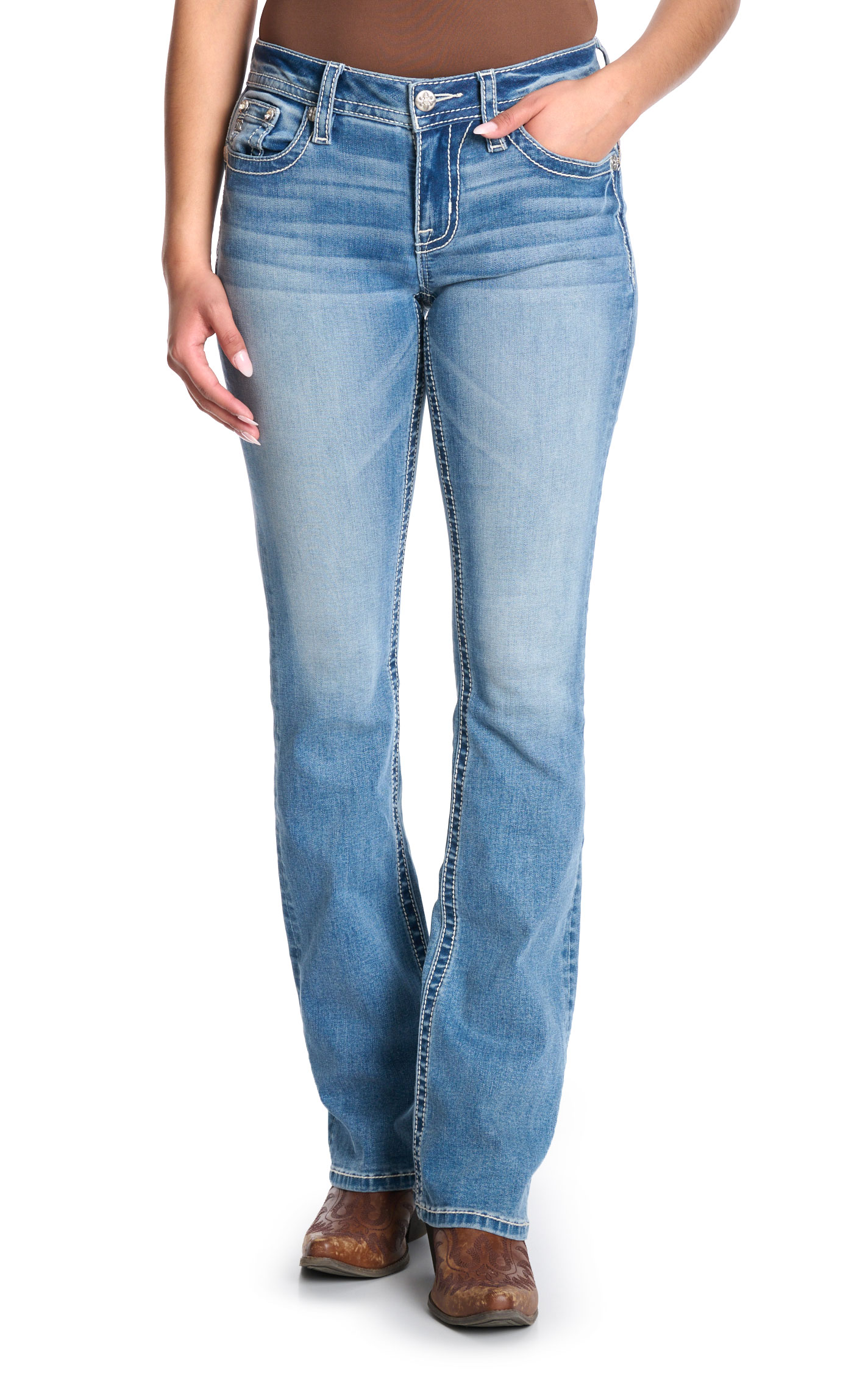 Miss Me Women's Light Wash Wing Flap Boot Cut 34\