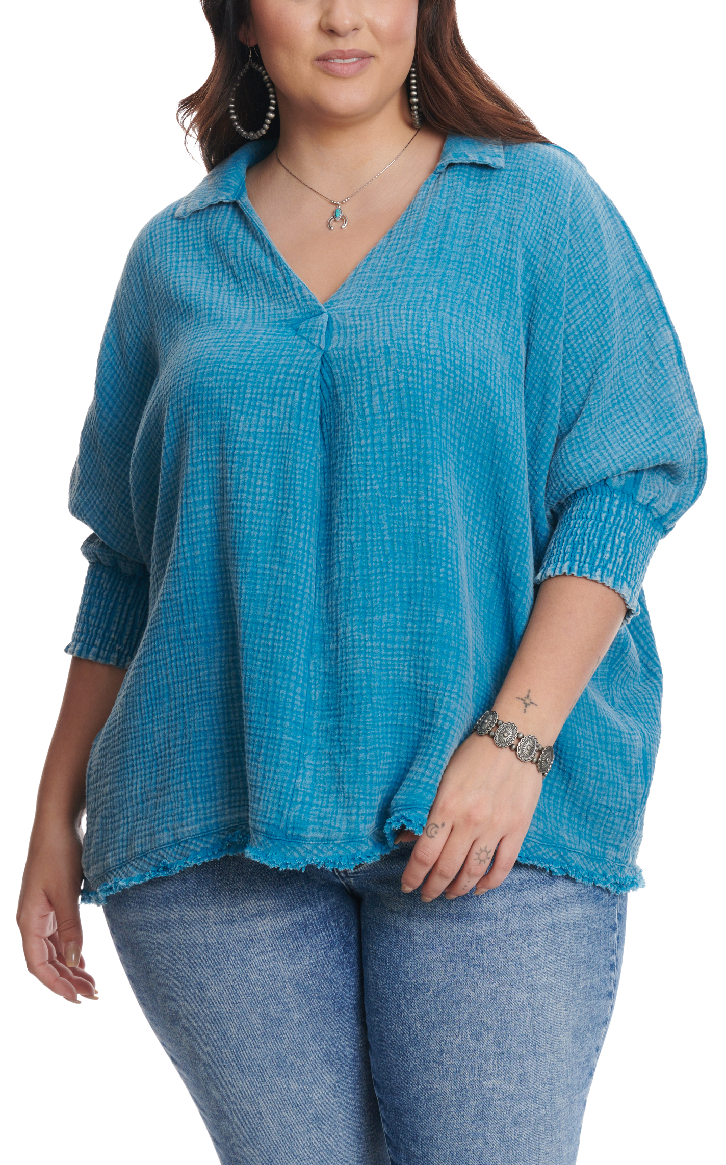 Umgee Women's Textured Blue Smocked Sleeve Top - Plus Sizes - Image 1