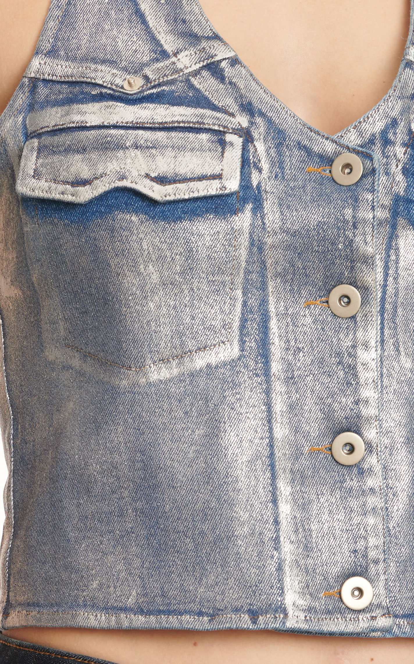 Blue B Women's Light Wash Silver Finish Denim Halter Neck Cropped Top  - Image 1