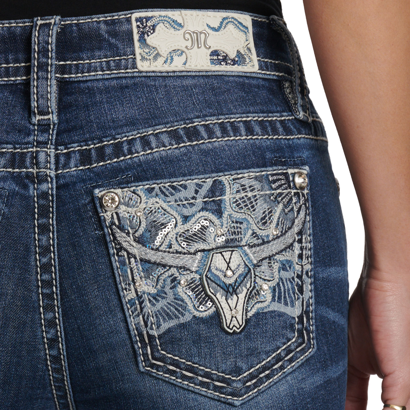 Miss Me Women’s Medium Wash Lace Longhorn Open Pocket 34” Bootcut Jeans - Image 1