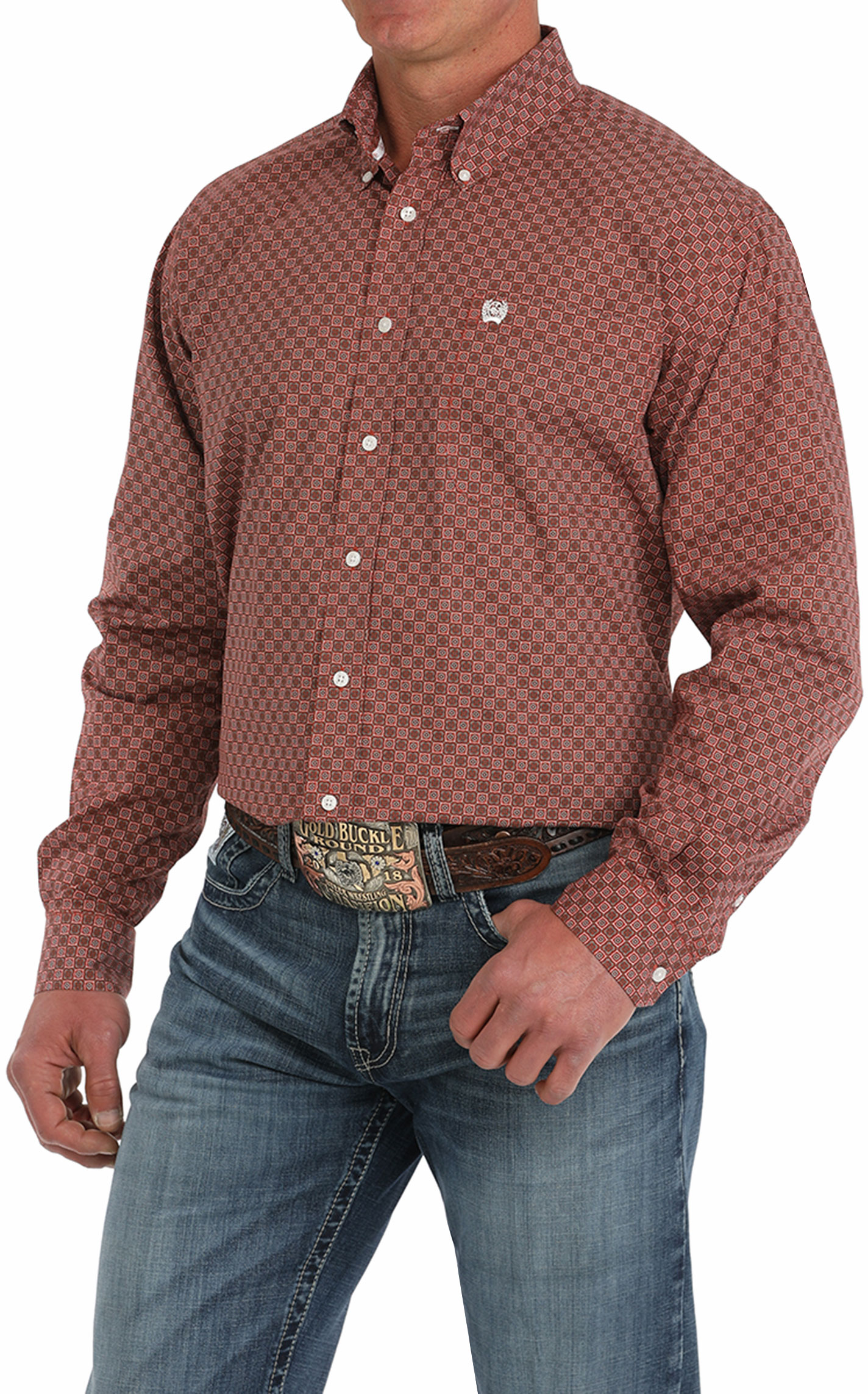 Cinch Men's Deep Red Floral Geo Print Western Shirt - Image 1