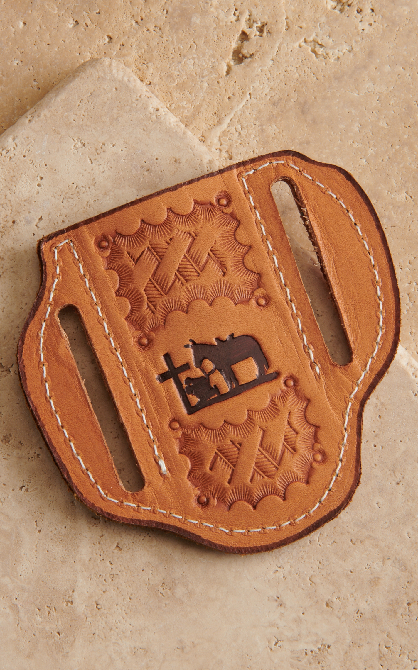 Slade Saddle Shop Basket and Praying Cowboy Stamped Saddle Tan Leather Small Pancake Knife Sheath - Image 1