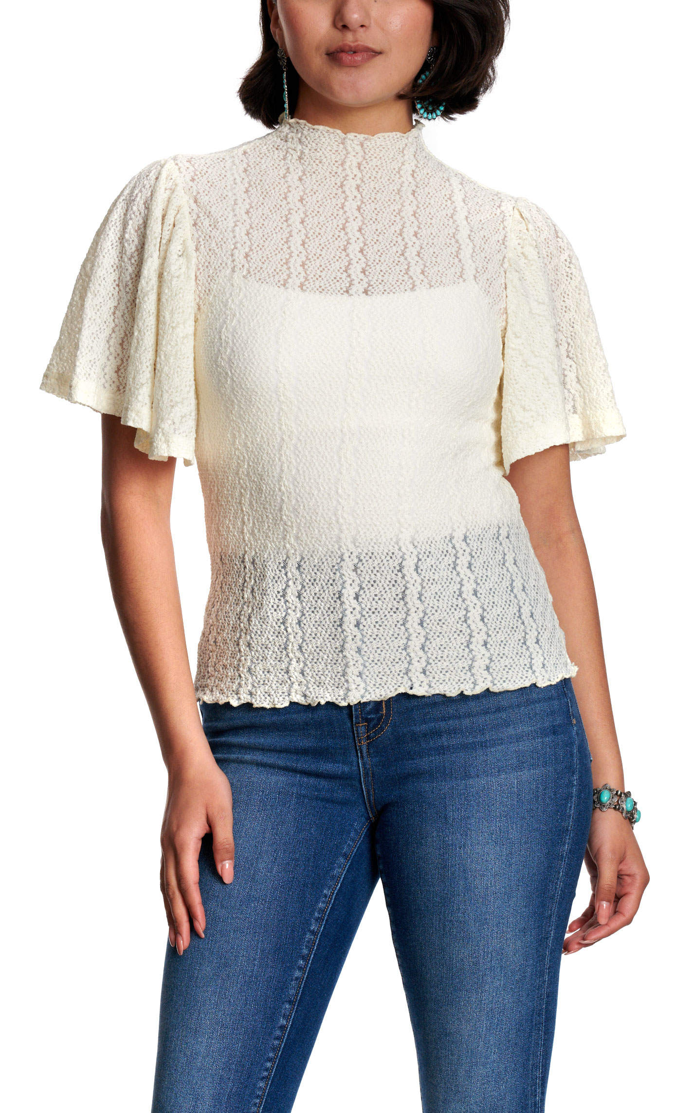 Rockin' C Women’s Cream Lace Flutter Sleeve Top - Image 1