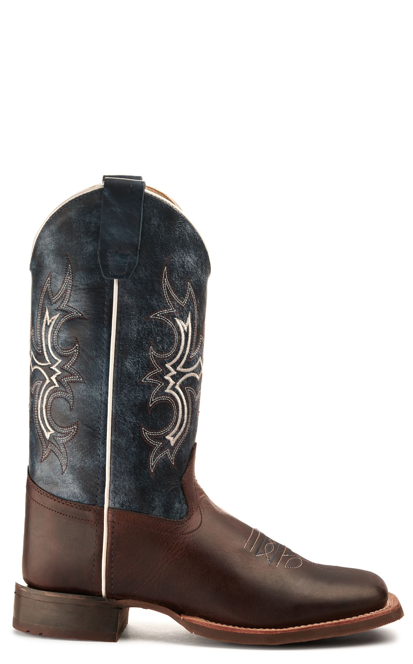 Old West Youth Dark Brown and Wipe Out Blue Wide Square Toe Cowboy Boot - Image 1