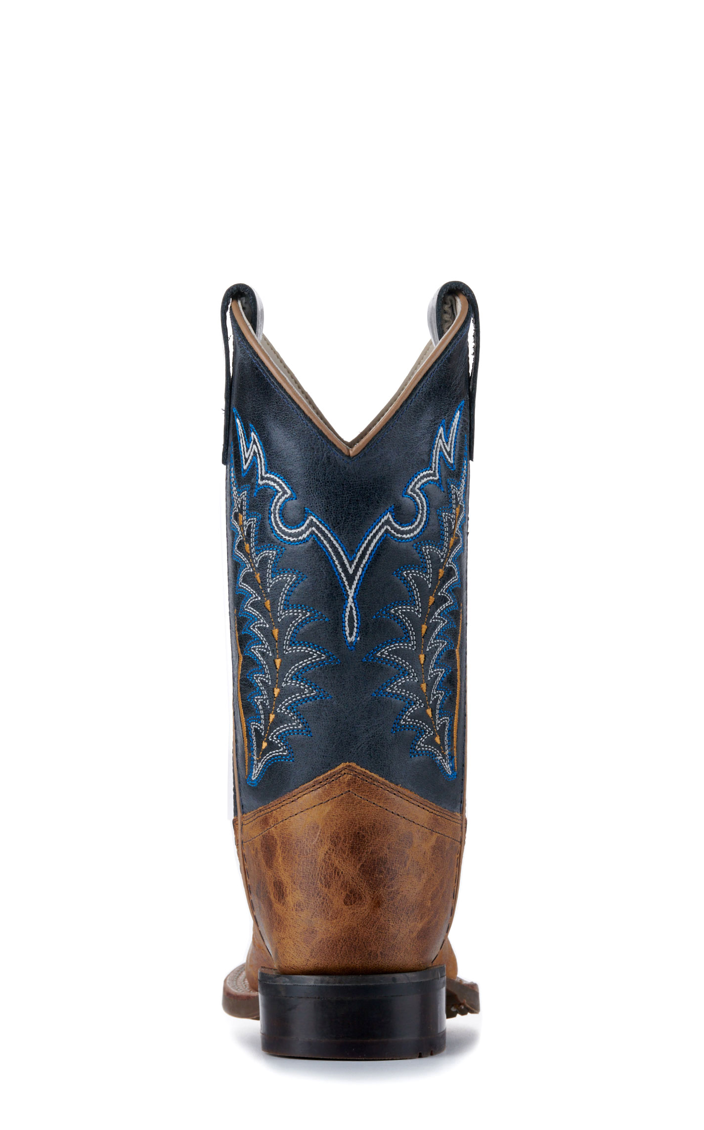 Old West Youth Burnt Tan and Navy Blue Wide Square Toe Cowboy Boots - Image 1