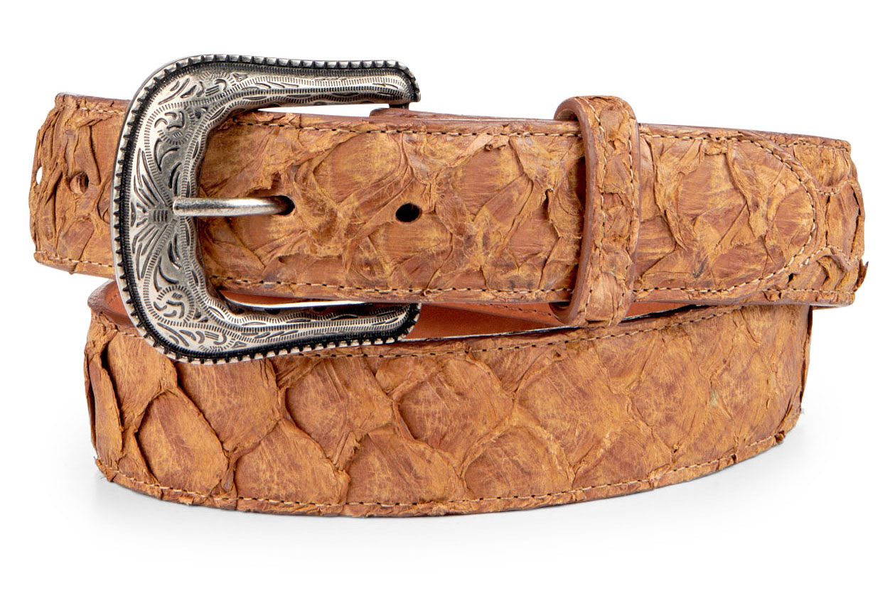 Cavender's Men's Saddle Tan Pirarucu Print Western Belt - Image 1