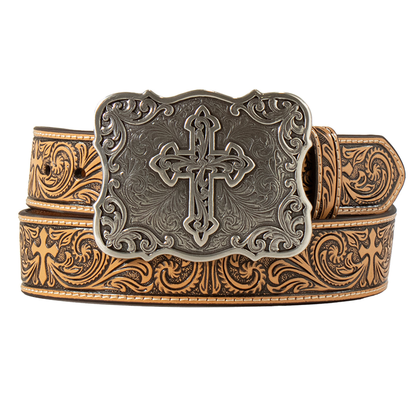 Nocona Men’s Tan Tooled Leather Belt with Silver Cross Buckle - Image 1