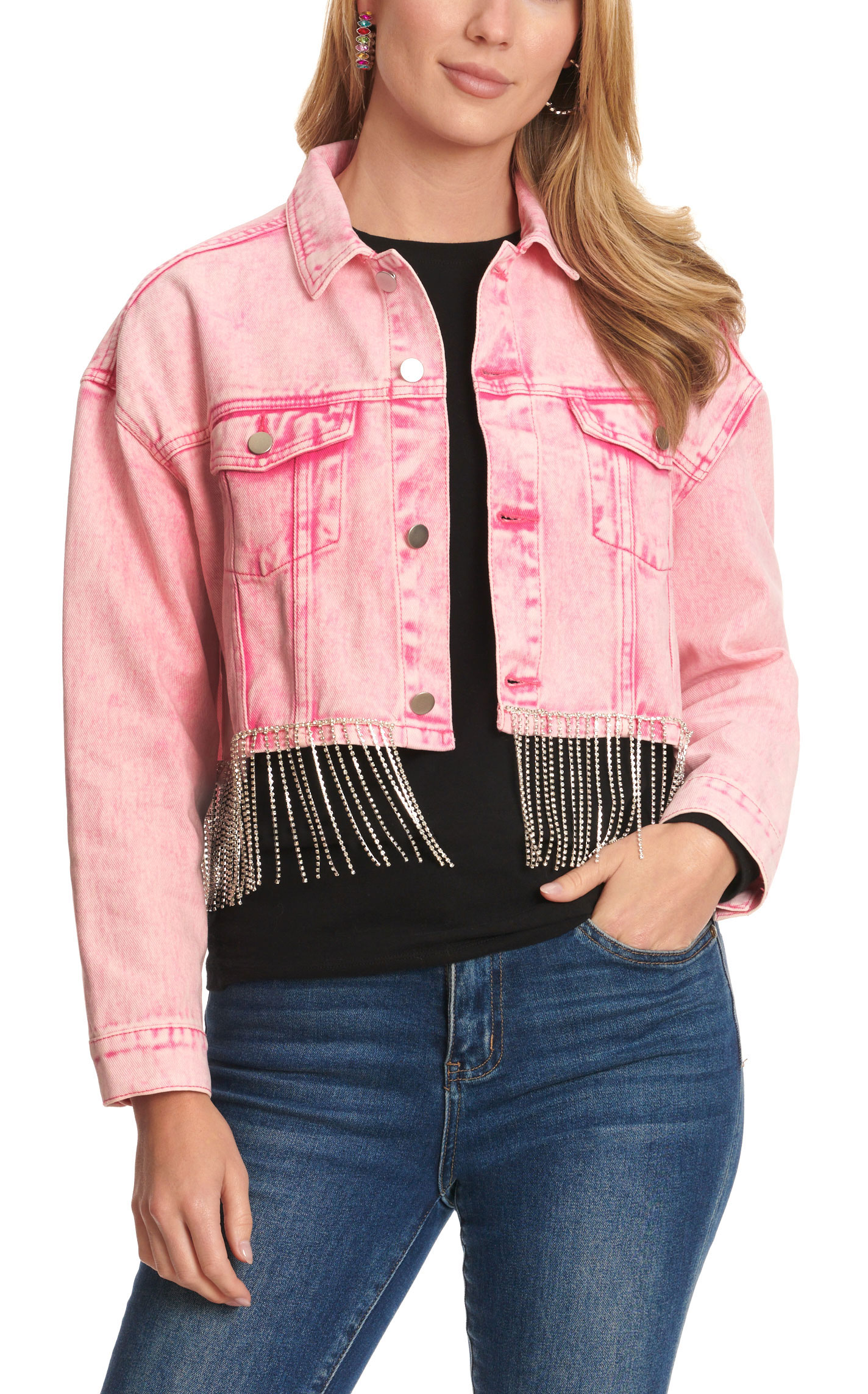 Mainstrip Women's Pink Denim & Rhinestone Fringe Trim Jacket - Image 1