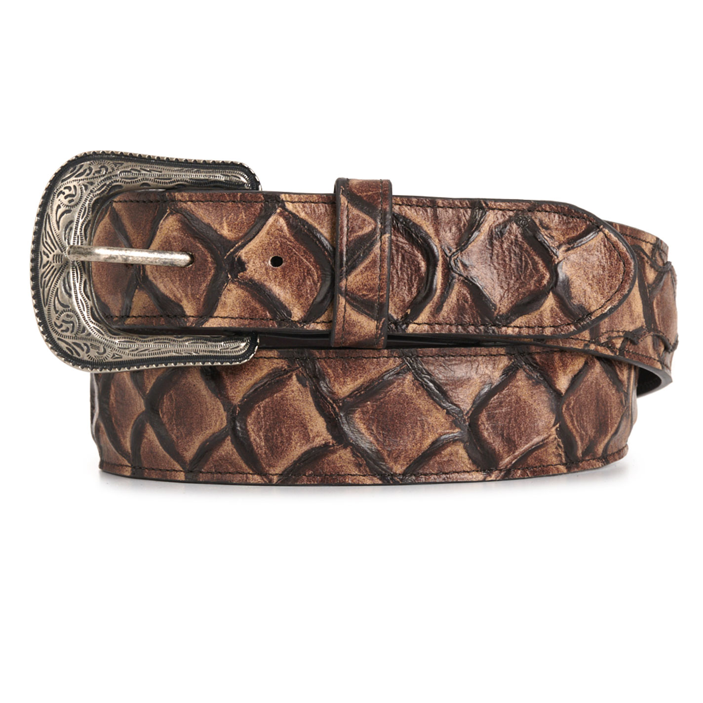 Cavender's Men's Oak Glazed Pirarucu Print Leather Belt with Silver Buckle - Image 1