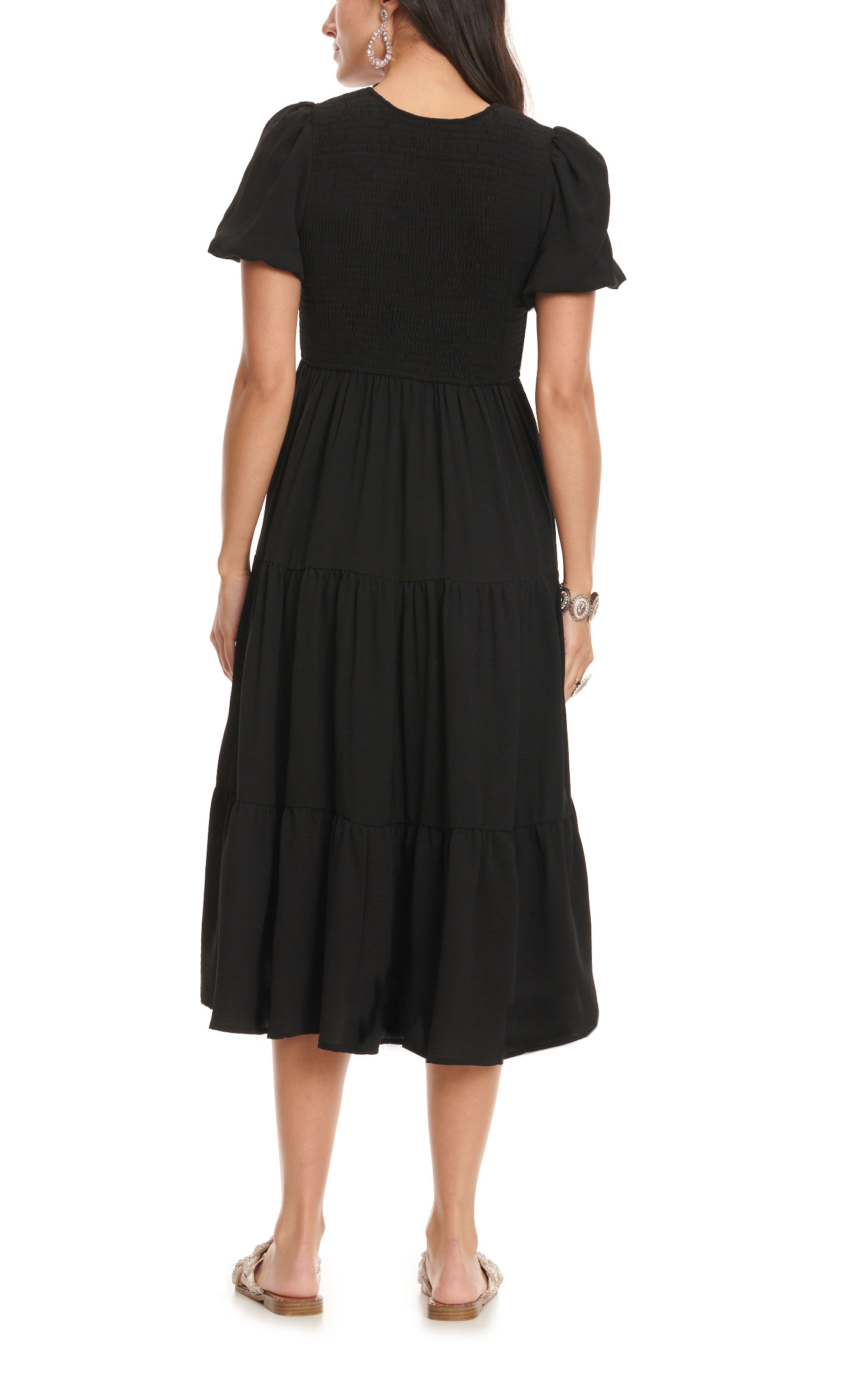 TCEC Women's Black Smocked V-Neck Short Puff Sleeve Tiered Dress - Image 1