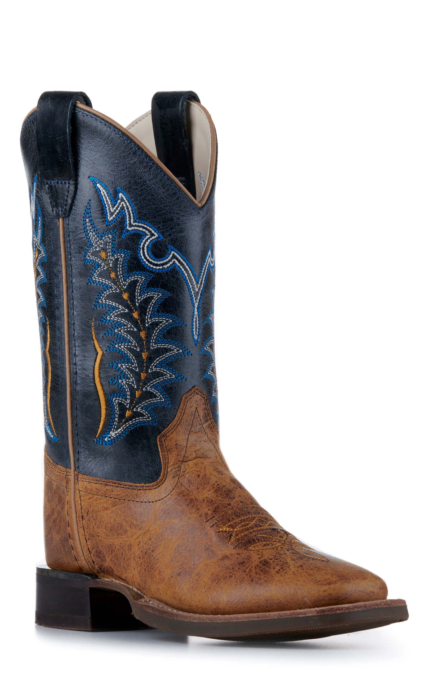 Old West Youth Burnt Tan and Navy Blue Wide Square Toe Cowboy Boots - Image 1